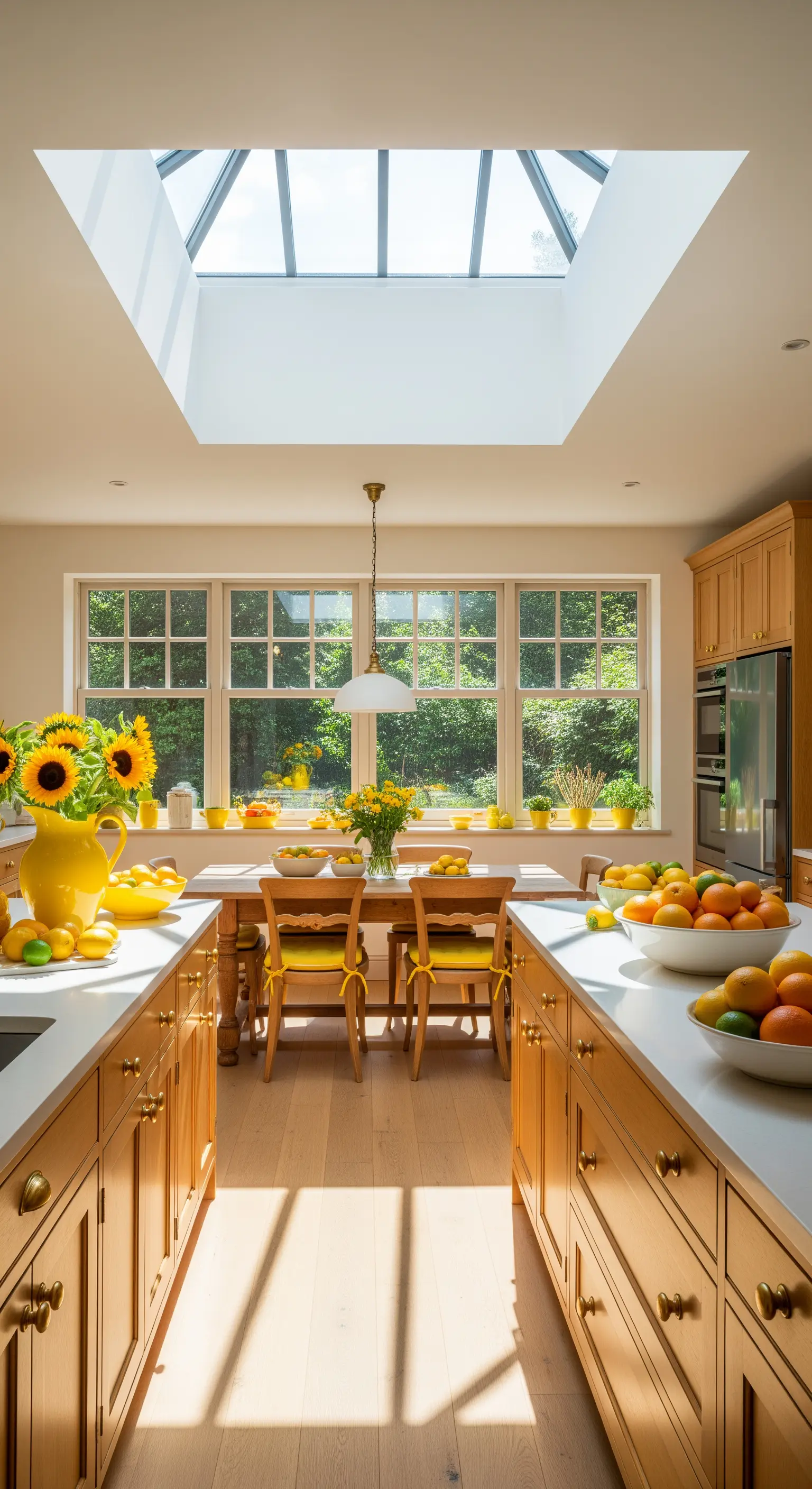 Helle Galerie-Küche mit Holzschränken und Zitronen-Deko