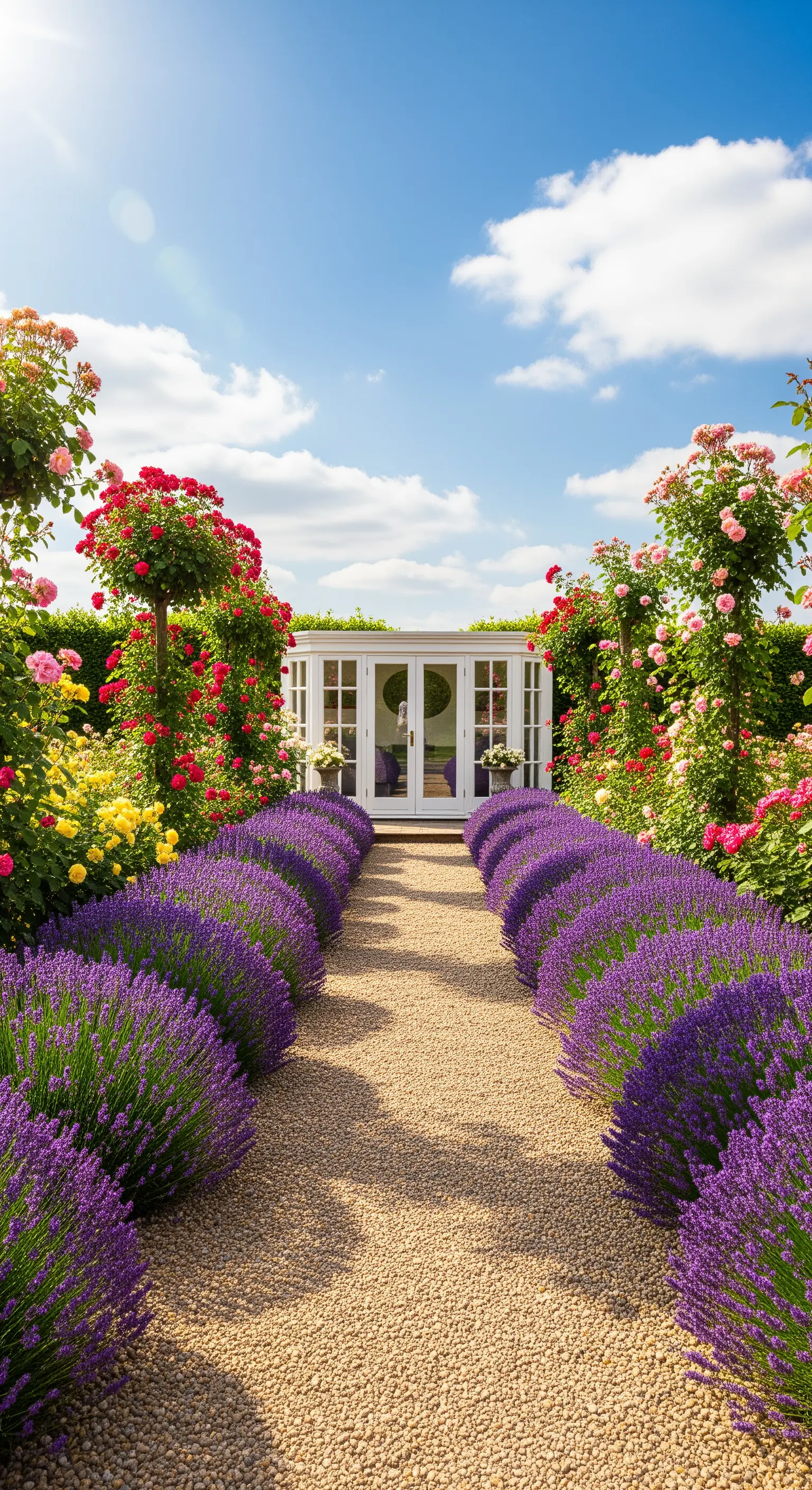 Gerader Kiespfad mit Lavendelreihen und bunten Stammrosen, führt zu weißem Gartenhaus