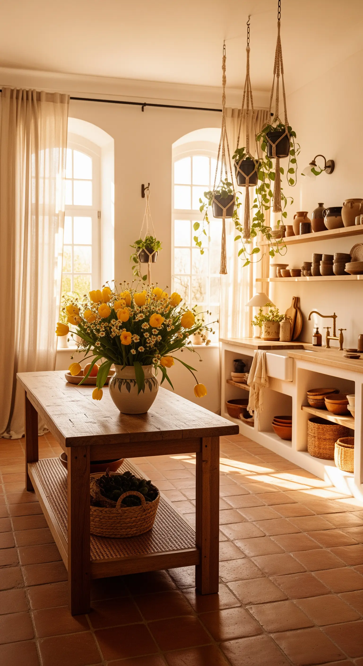 Gelbe Tulpen, Makramee-Pflanzenampeln und Terracotta in einer sonnigen Küche