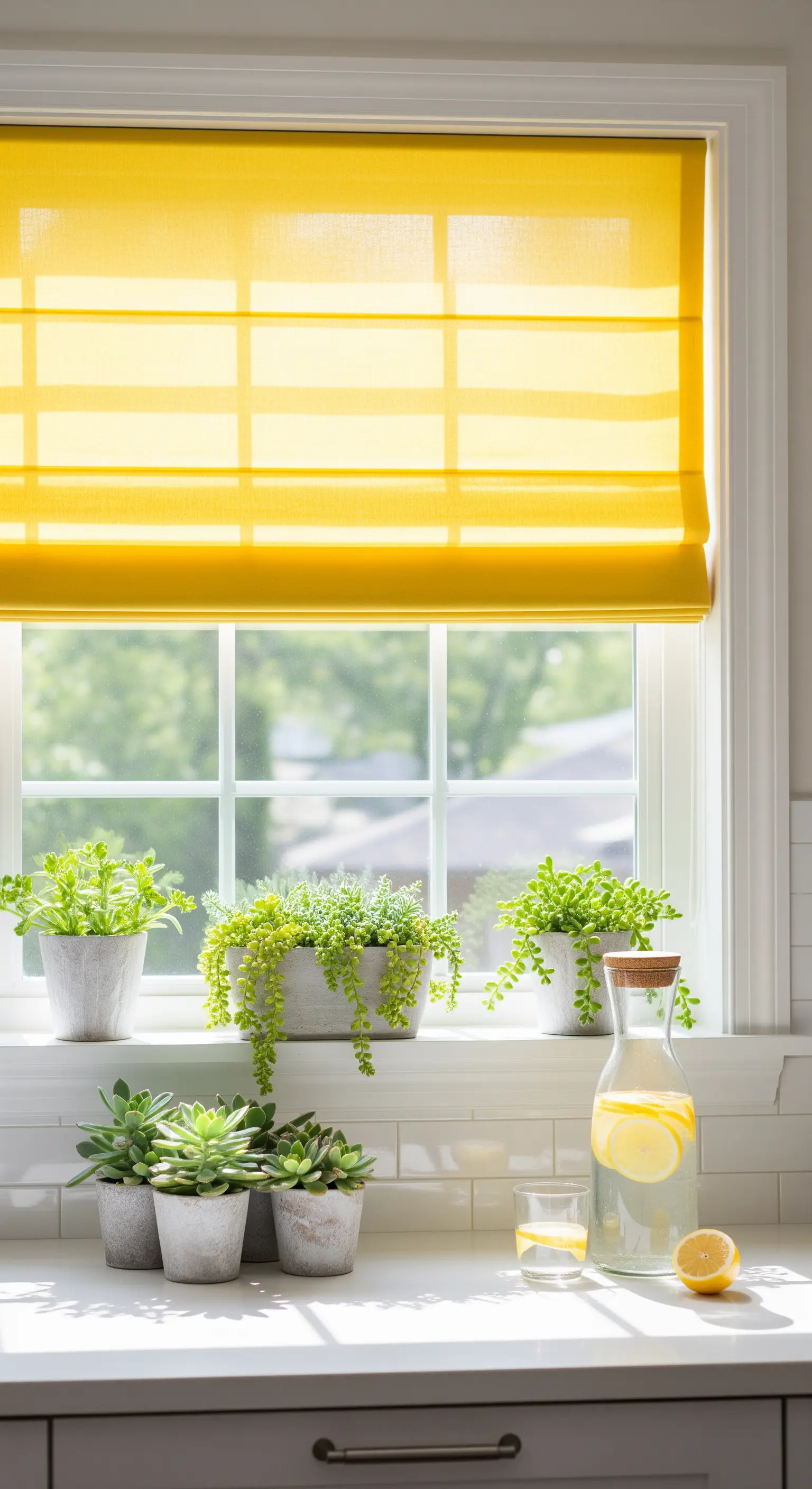 Gelbes Rollo, Sukkulenten auf der Fensterbank und Zitronenwasser.