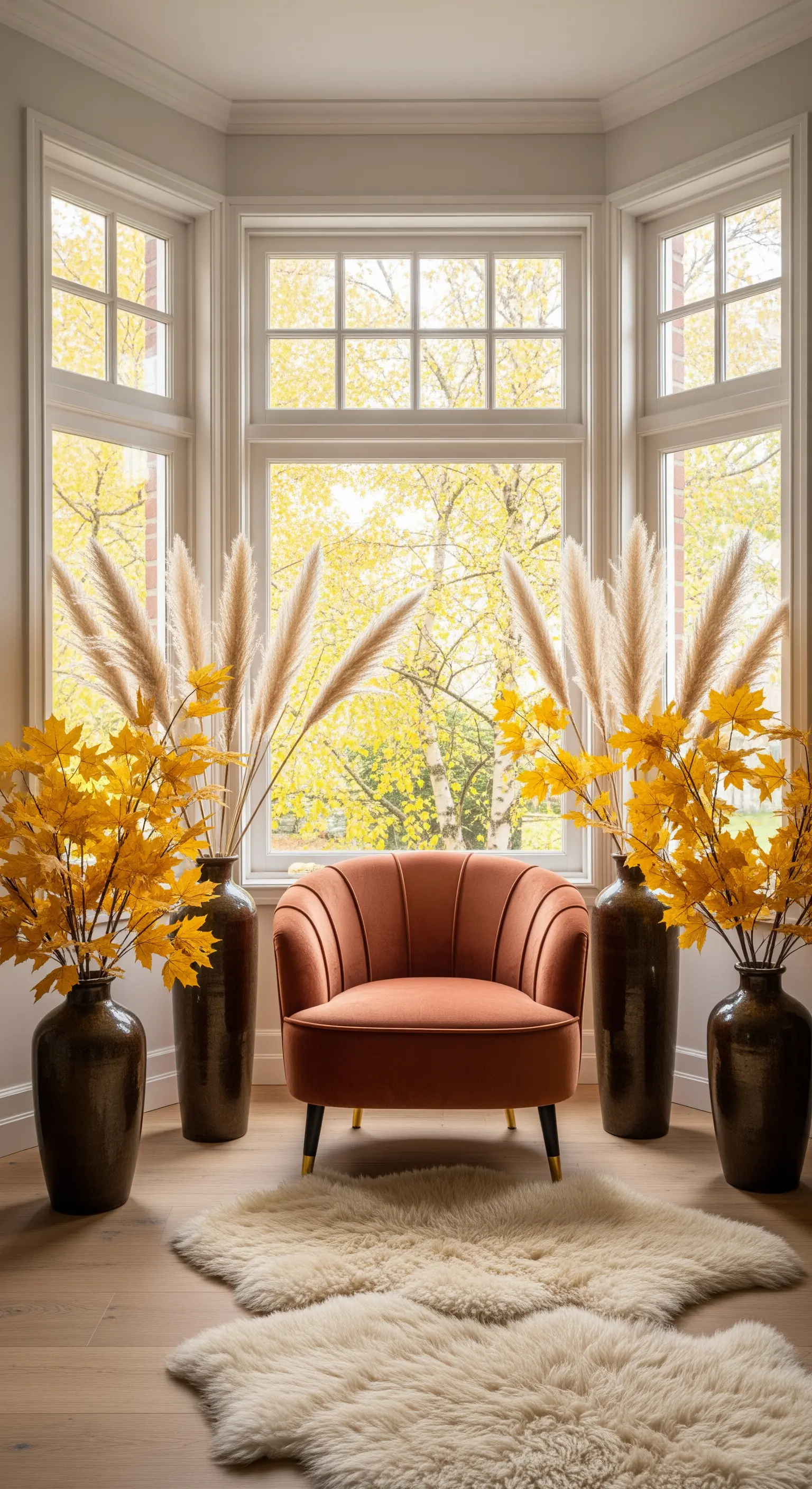 Erkerfenster, orange Sessel, Herbstblätter Deko, Pampasgras