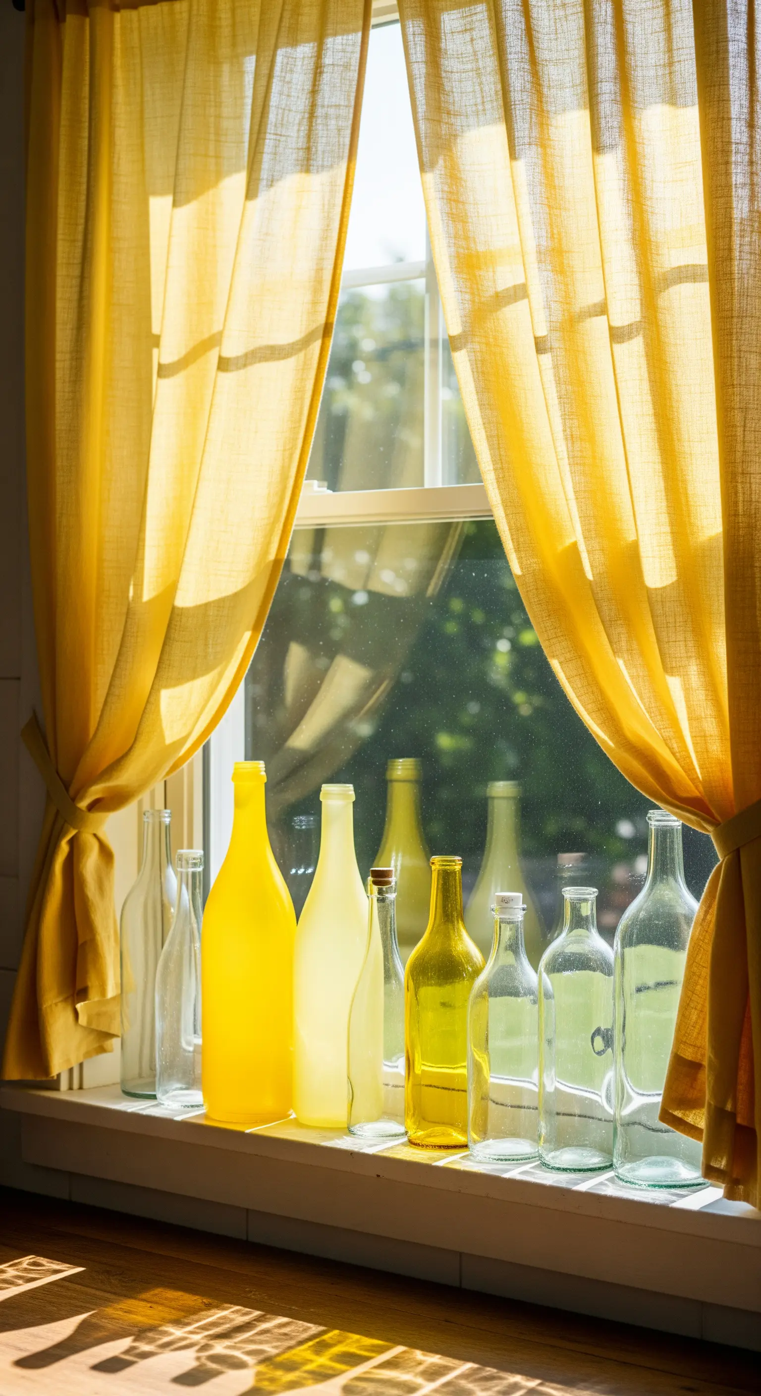Fensterbank mit gelben Gardinen und bunten Glasflaschen