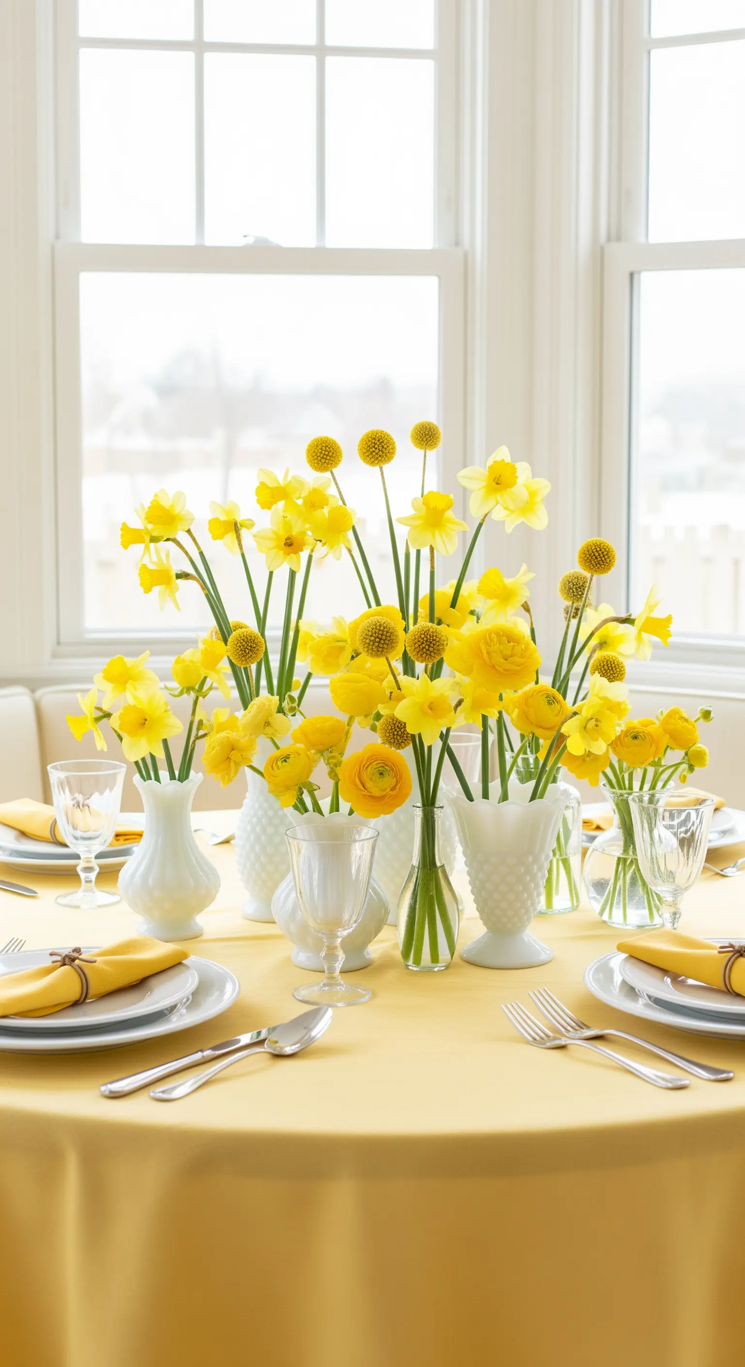 Monochromatische Tischdeko mit verschiedenen gelben Blumen in weißen Milchglasvasen