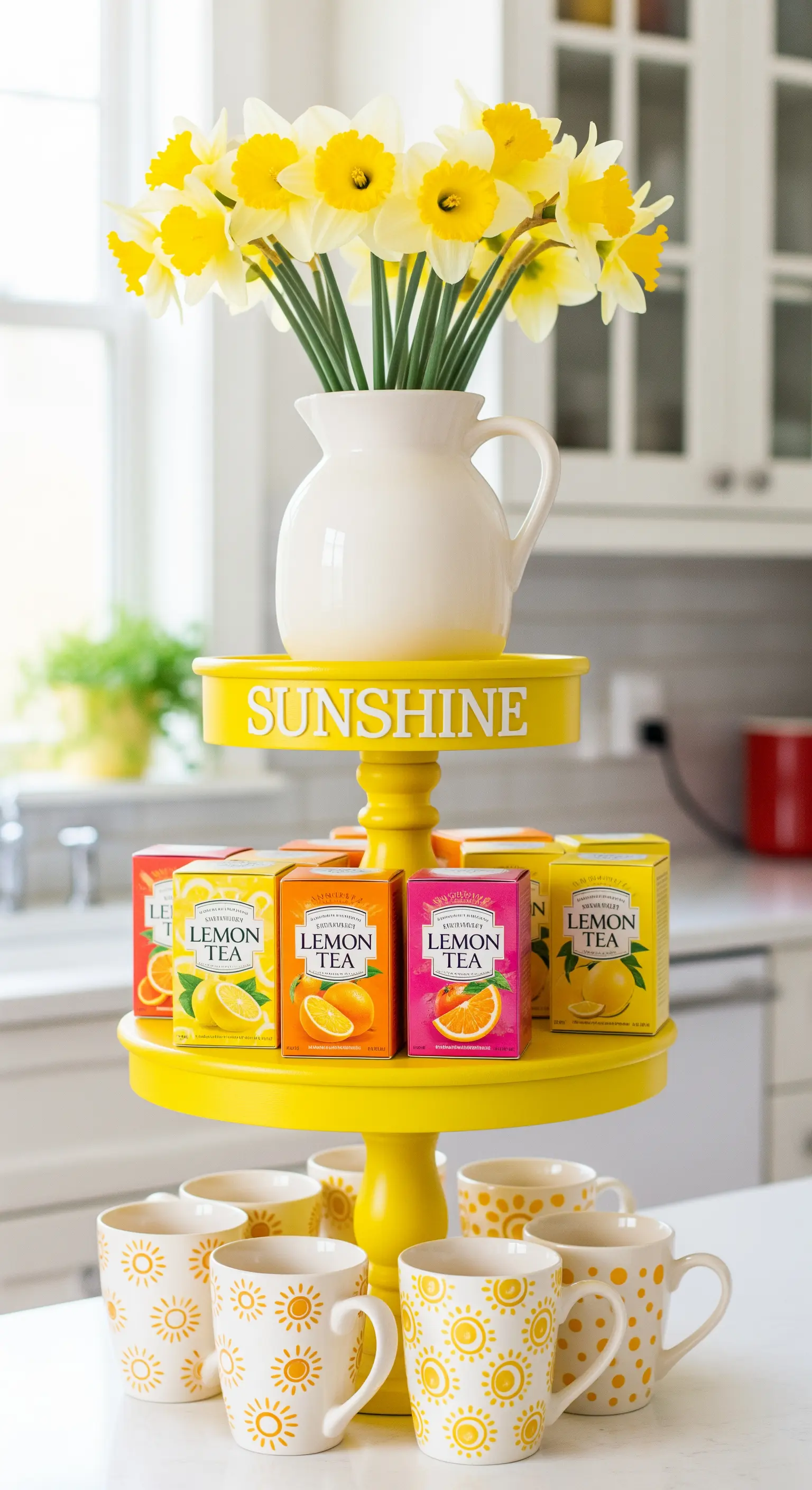 Leuchtend gelbe Etagere mit der Aufschrift 'Sunshine', dekoriert mit Narzissen und Tee.