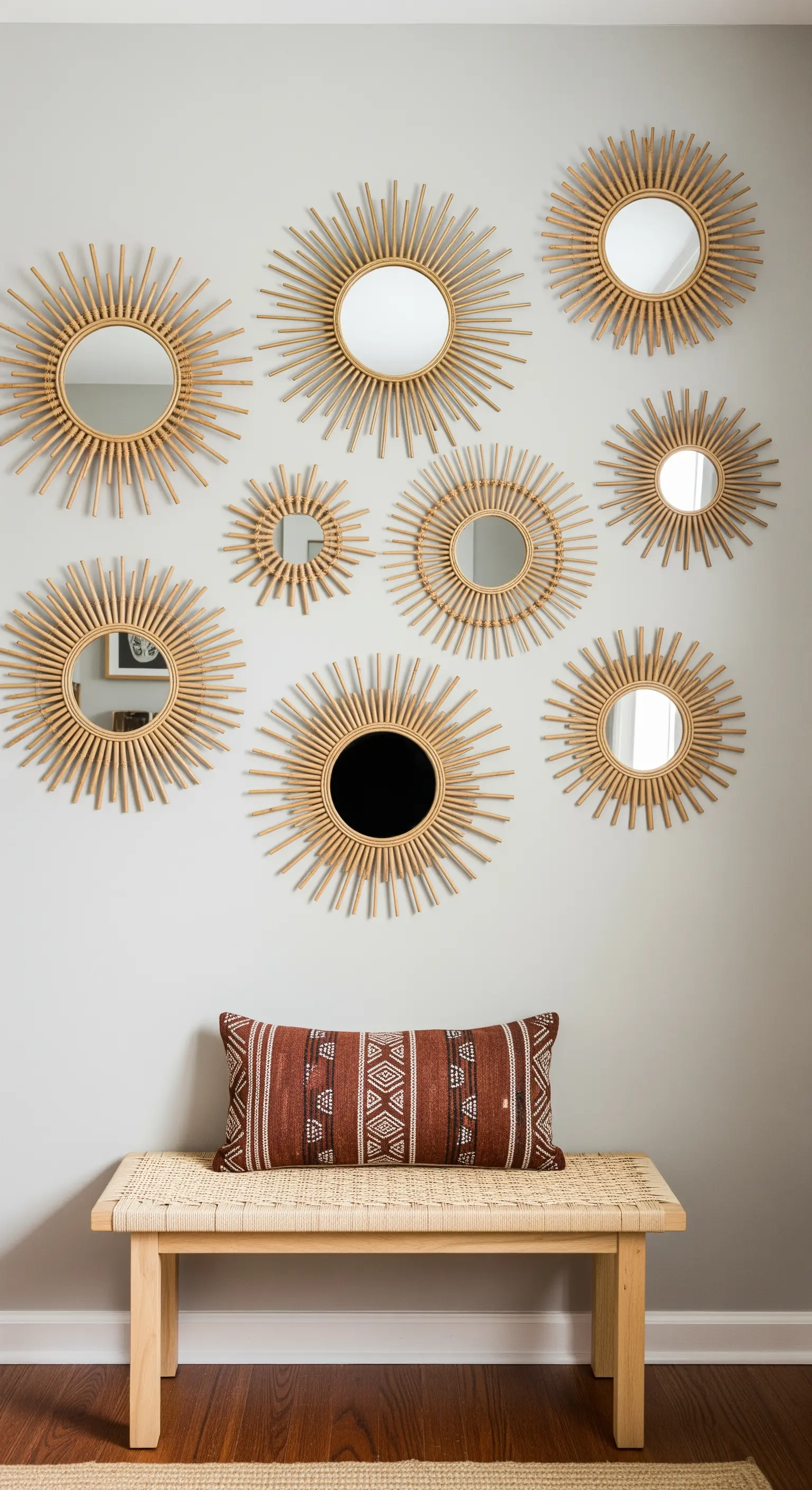 Wanddekoration aus einer Gruppe von kleinen, sonnenförmigen Rattan-Spiegeln.