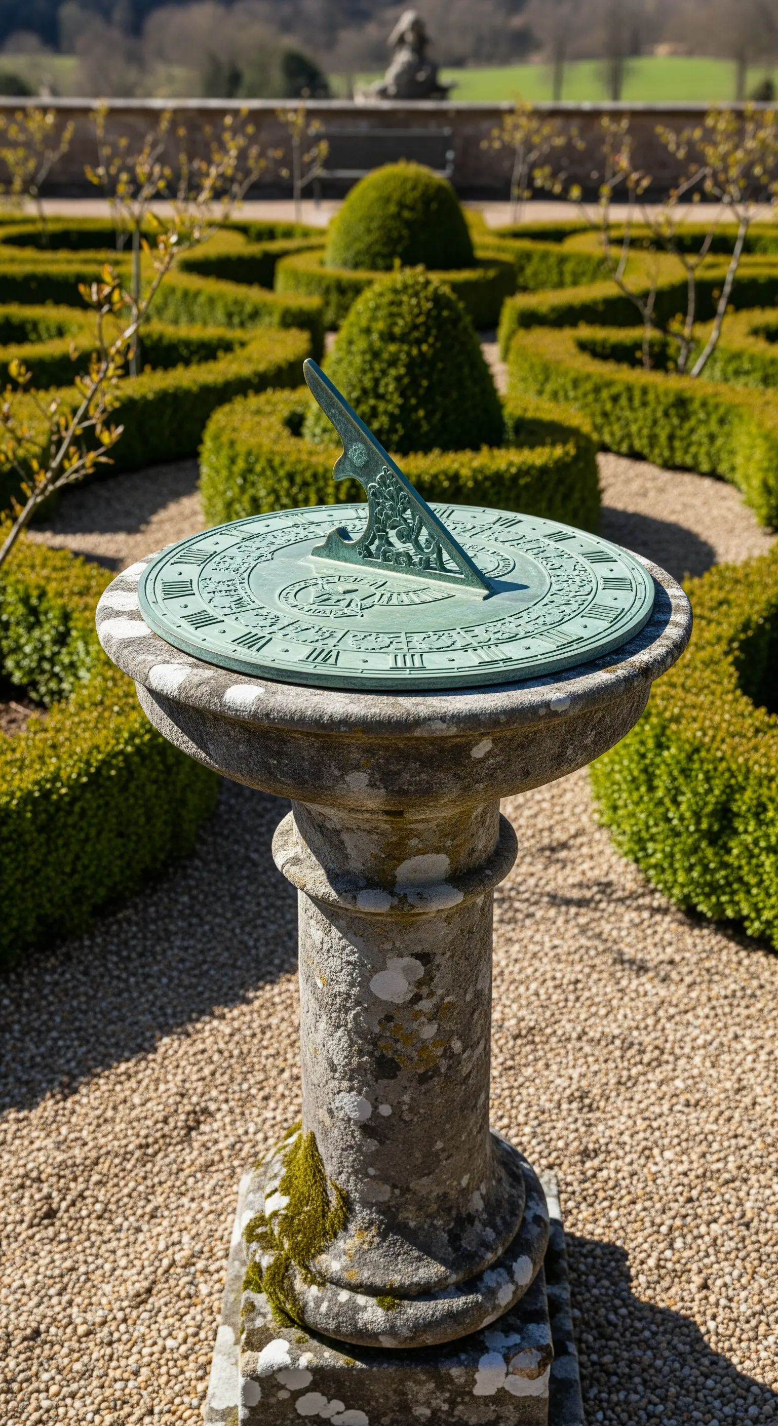 Bronzene Sonnenuhr auf Steinsockel in einem formalen Buchsbaum-Knotengarten mit Kies.