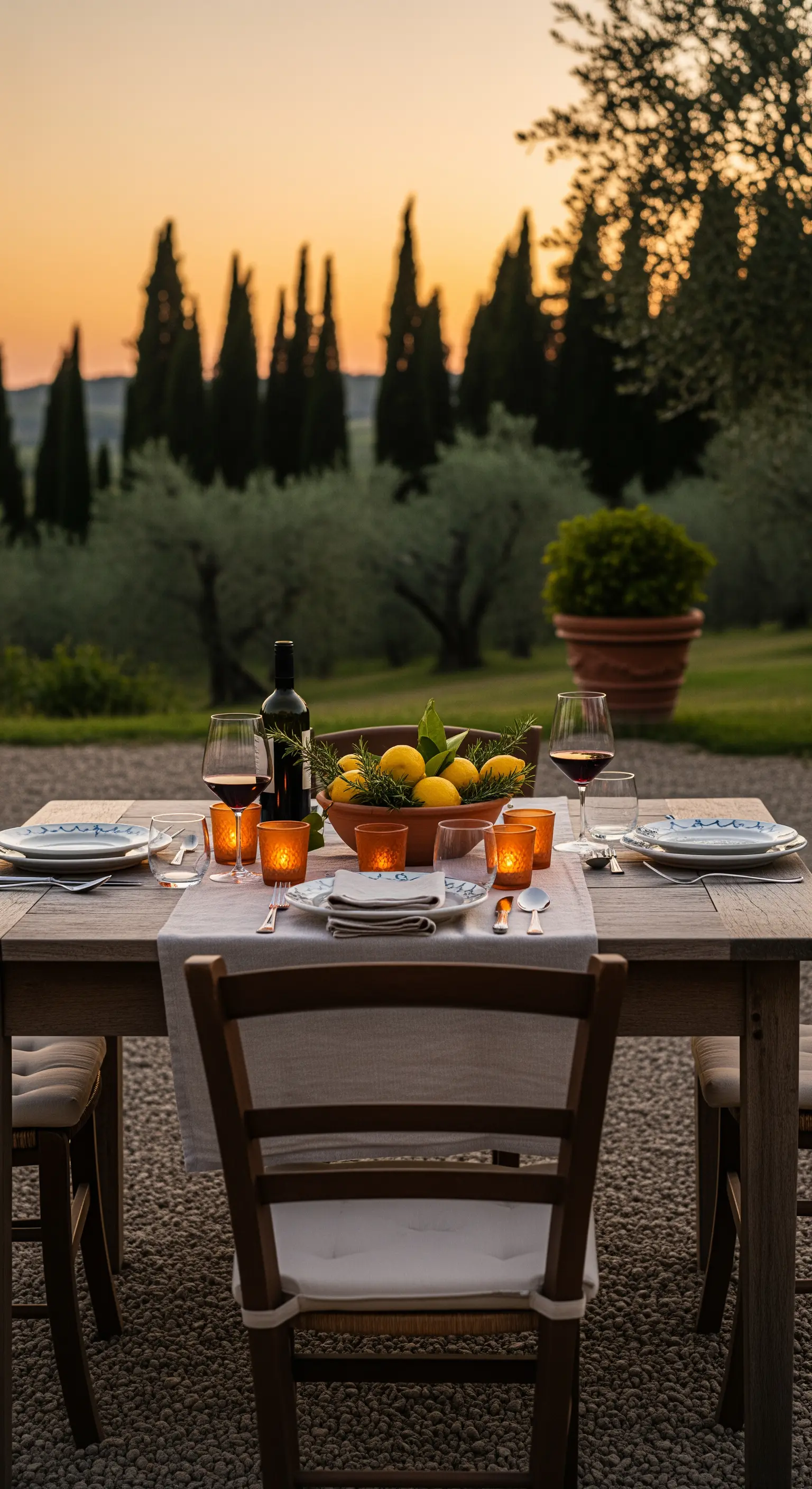 Rustikaler Holztisch mit Zitronen-Deko und Kerzenlicht bei Sonnenuntergang in der Toskana.