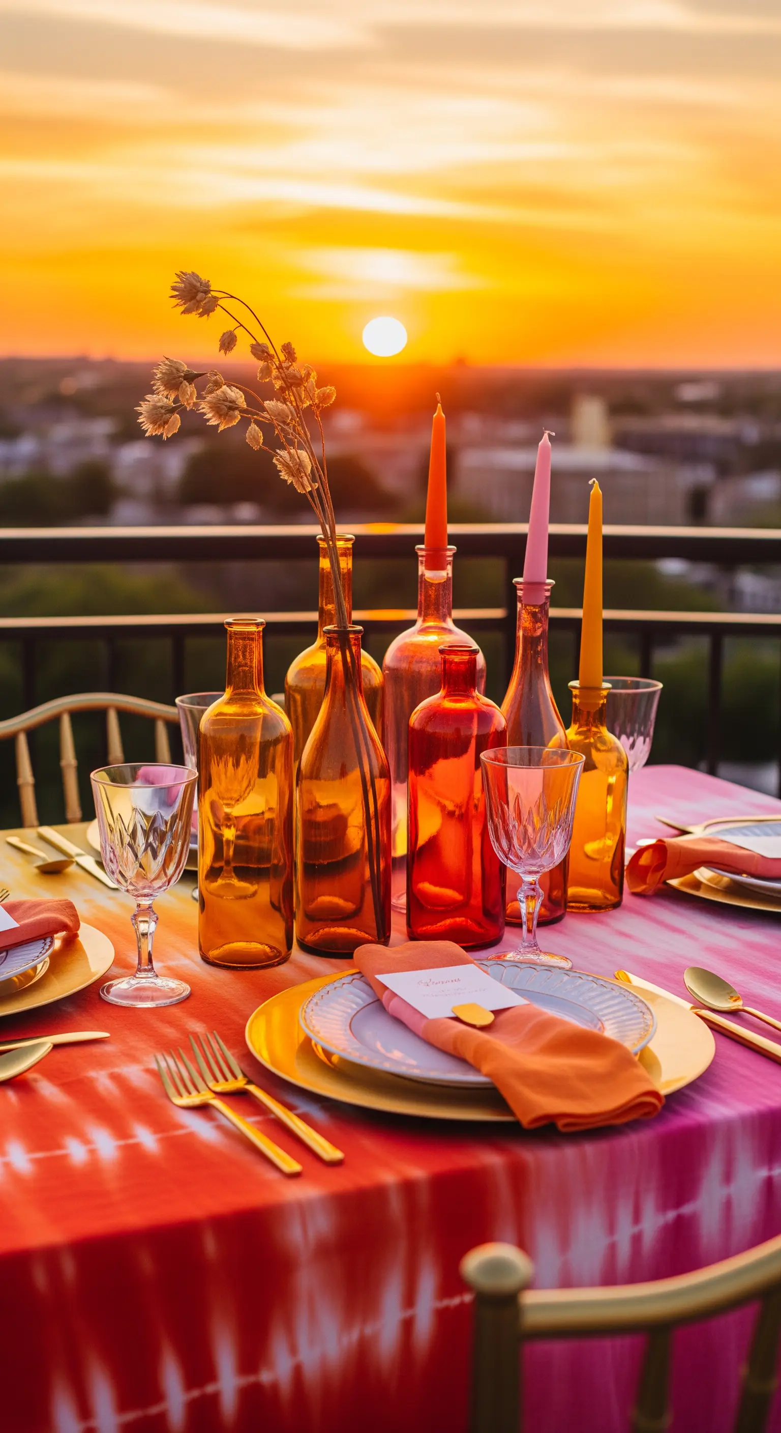 Tischdeko mit bunten Glasflaschen und einer Tischdecke in den Farben des Sonnenuntergangs.