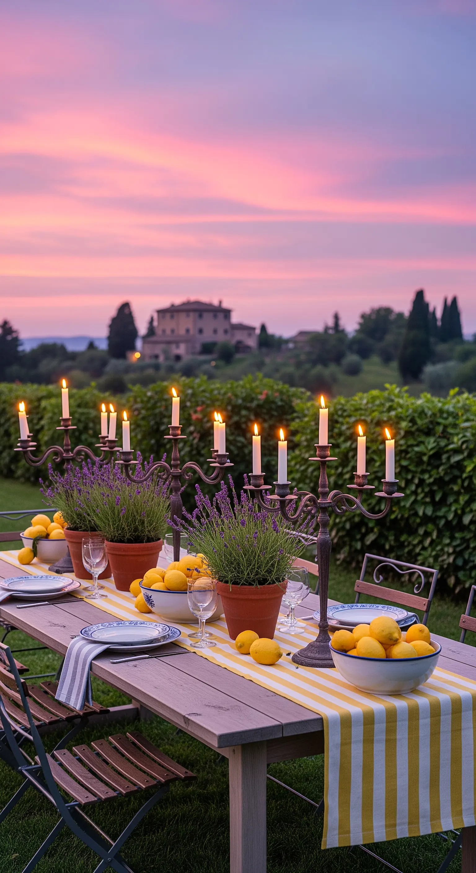 Langer Holztisch mit gestreiftem Läufer, Kandelabern, Lavendeltöpfen und Zitronen