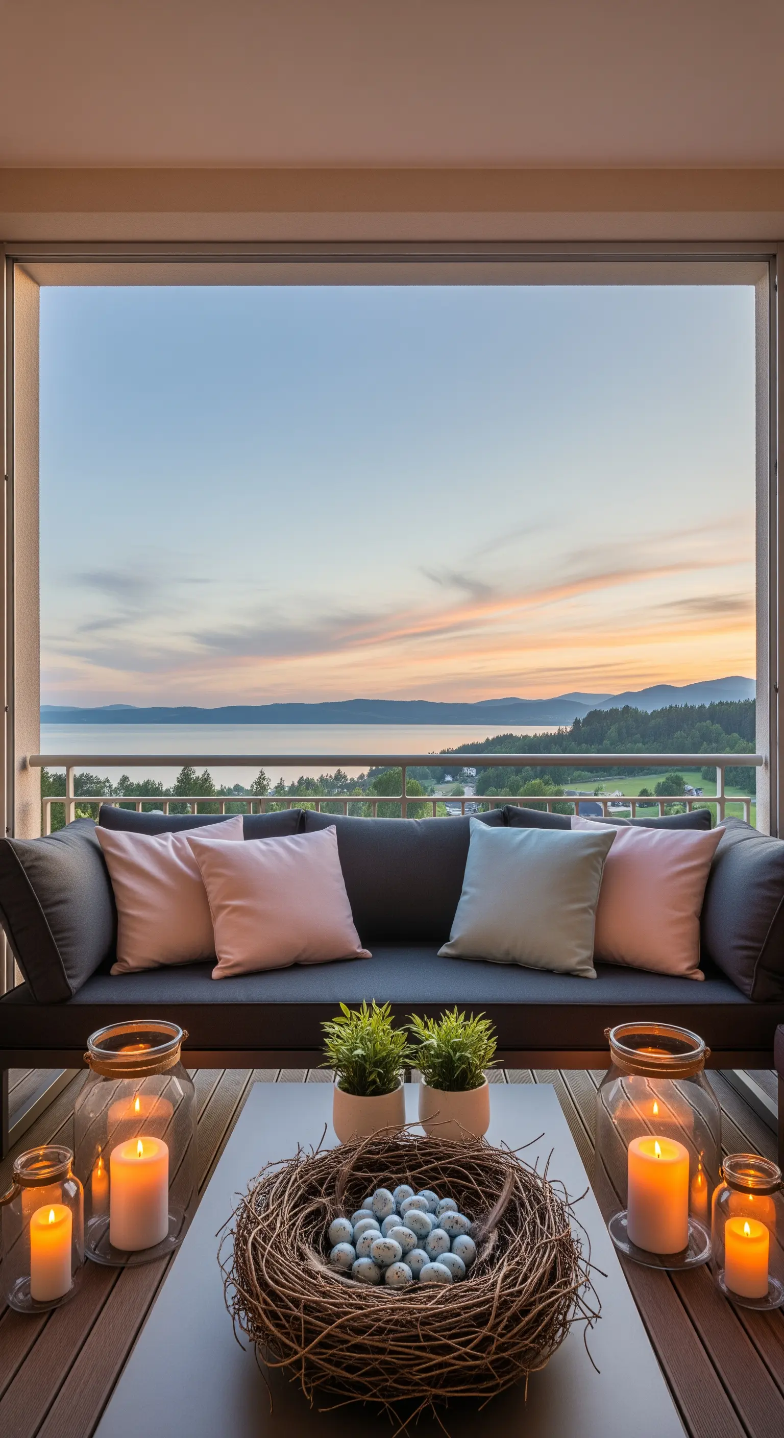 Moderner Balkon bei Sonnenuntergang mit einem großen Vogelnest als Tischdeko und vielen Kerzen.