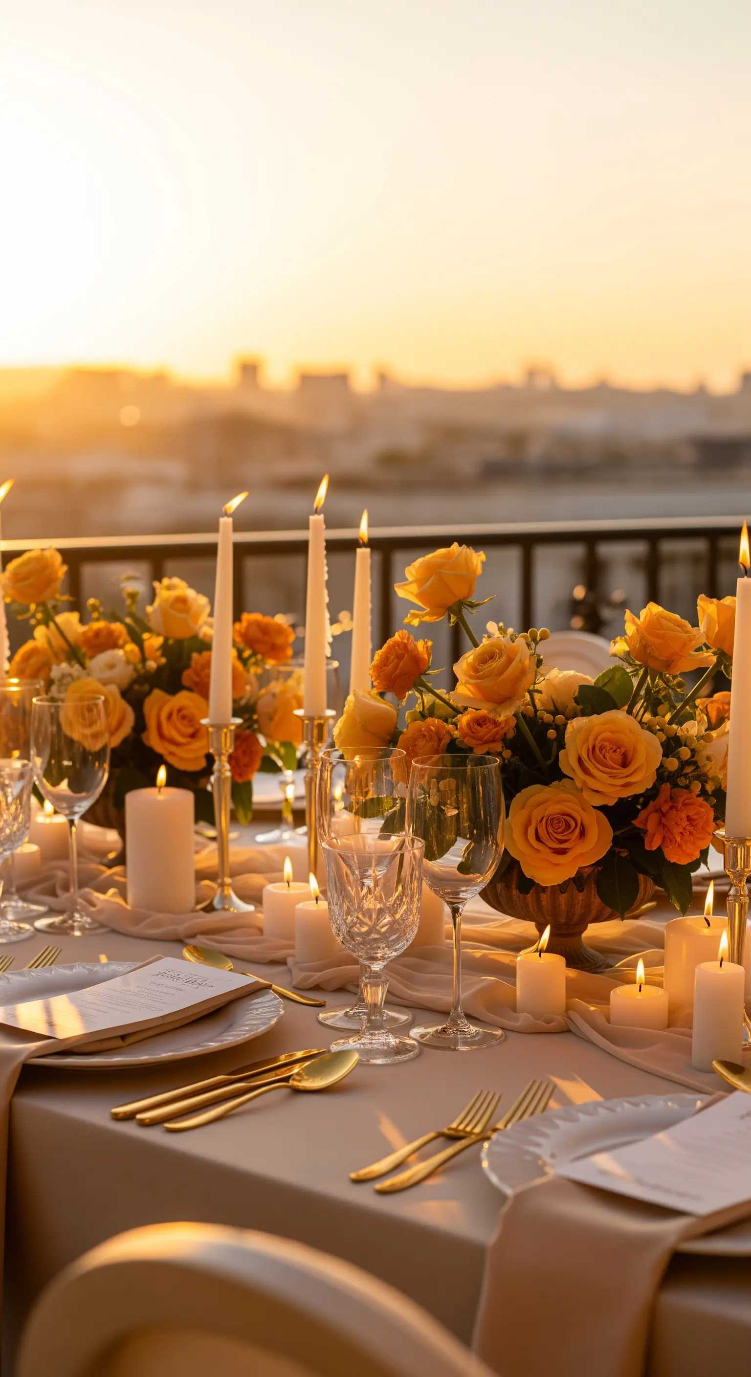 Tischdeko mit gelben Rosen und vielen Kerzen bei Sonnenuntergang auf einer Dachterrasse.