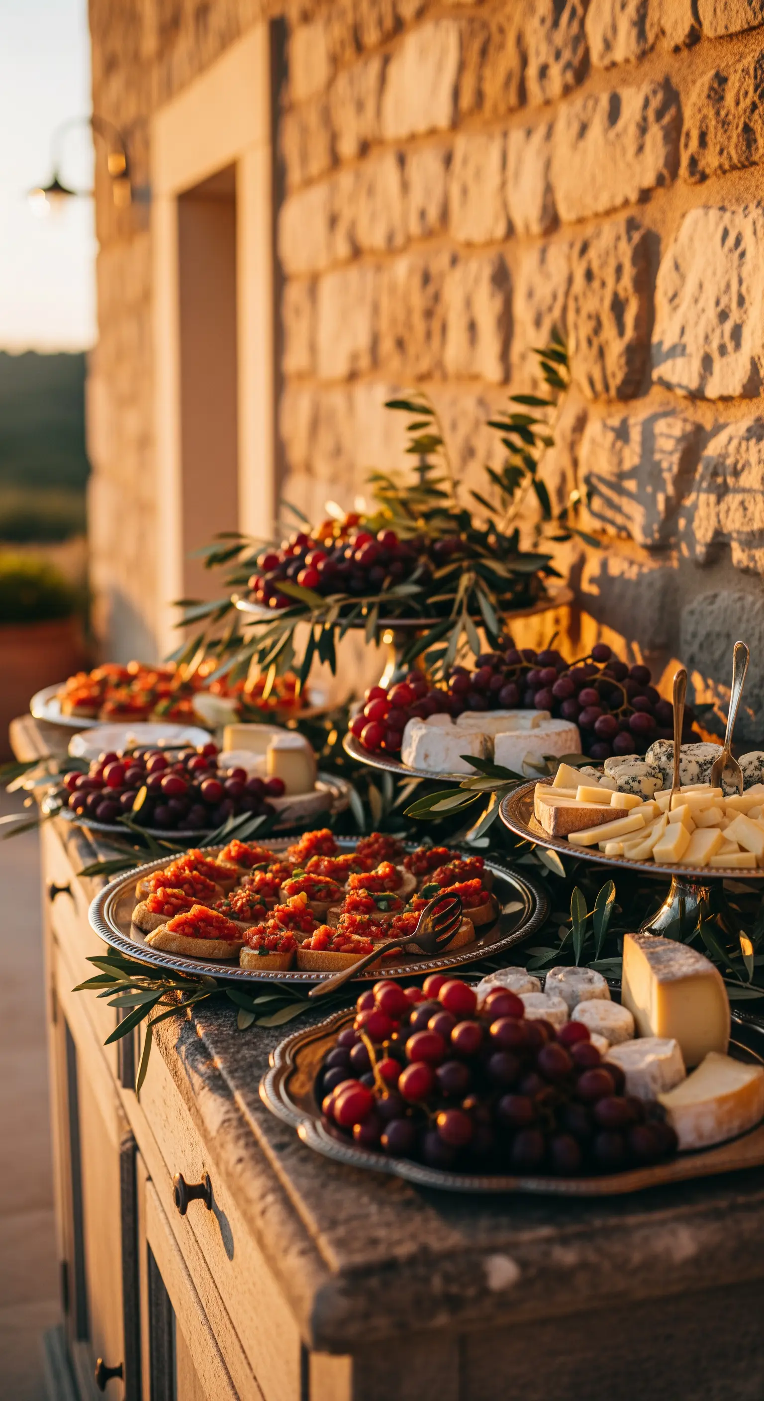 Outdoor-Buffet mit Käse, Trauben, Bruschetta und Olivenzweigen auf Steinplatte