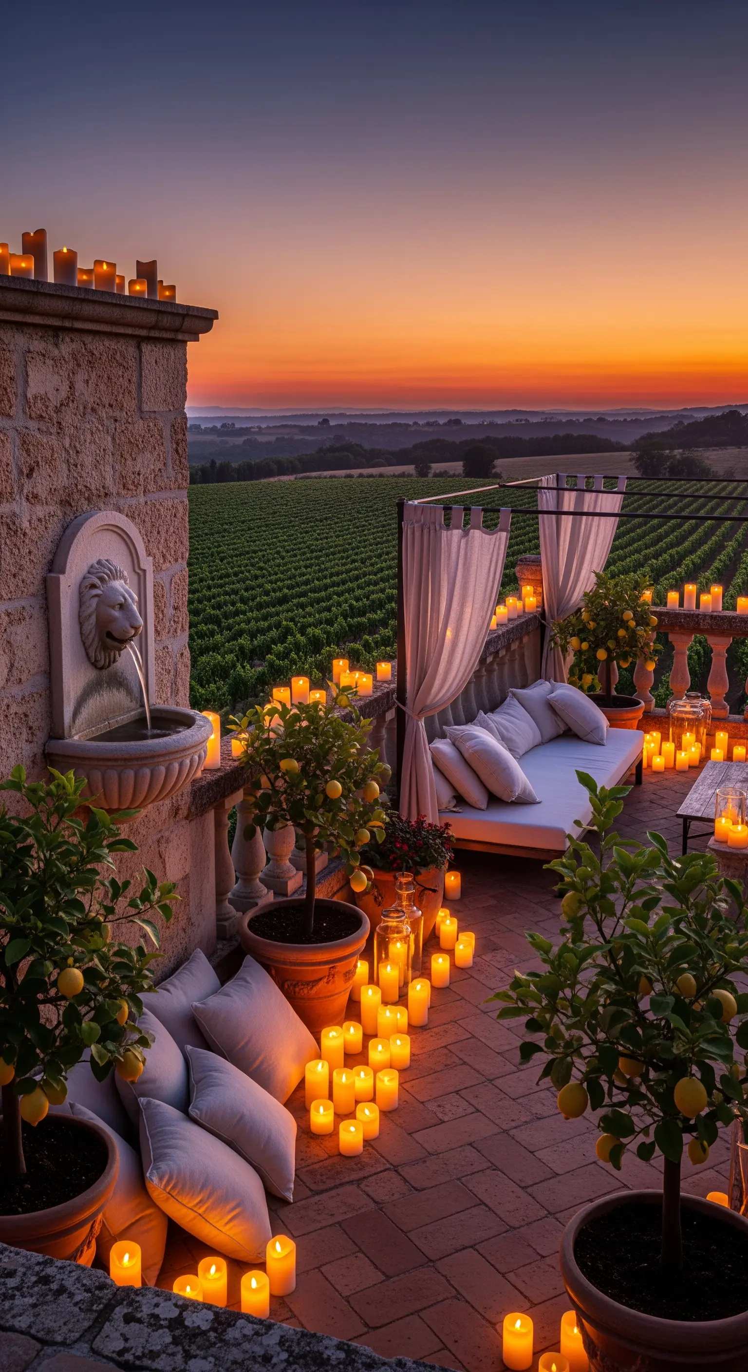 Terrasse mit Daybeds, Zitronenbäumen und unzähligen Kerzen bei Sonnenuntergang über Weinbergen
