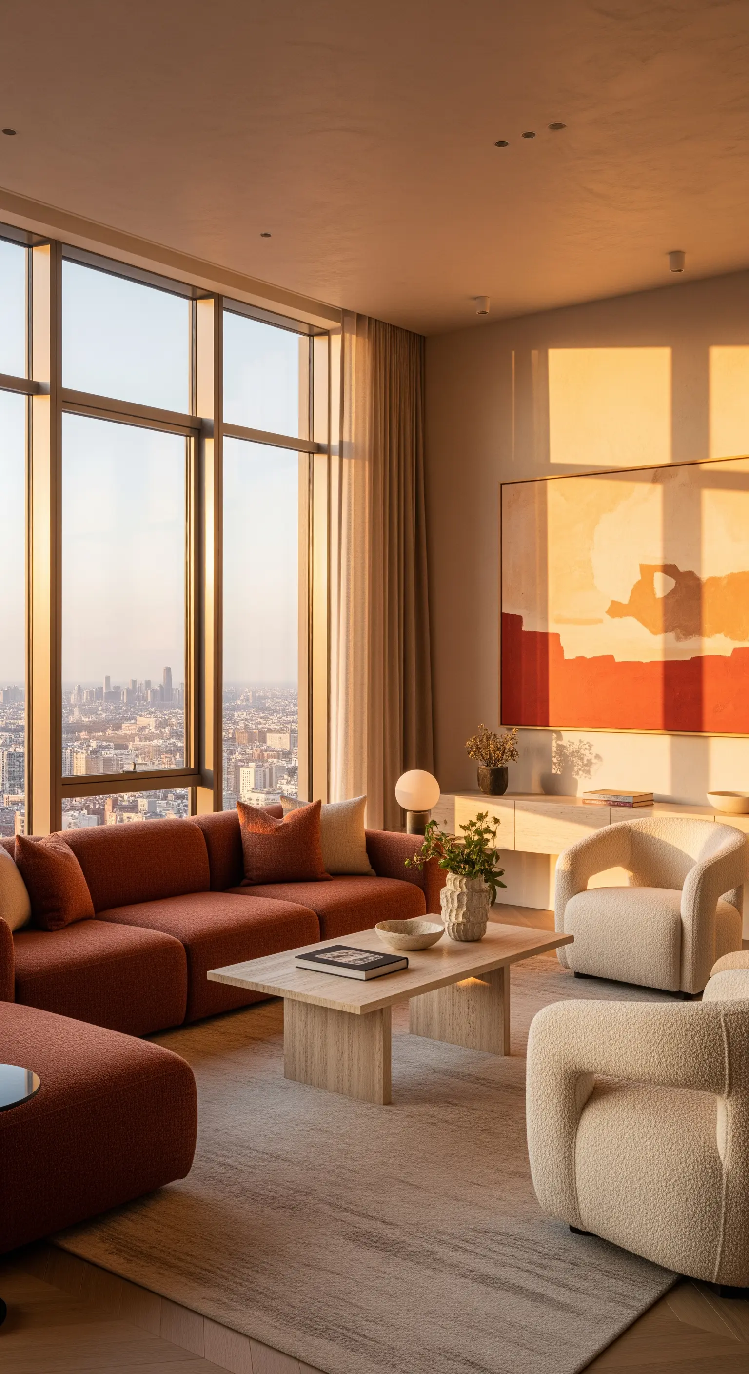 Wohnzimmer in warmen Terrakotta- und Beigetönen, von der Abendsonne beleuchtet