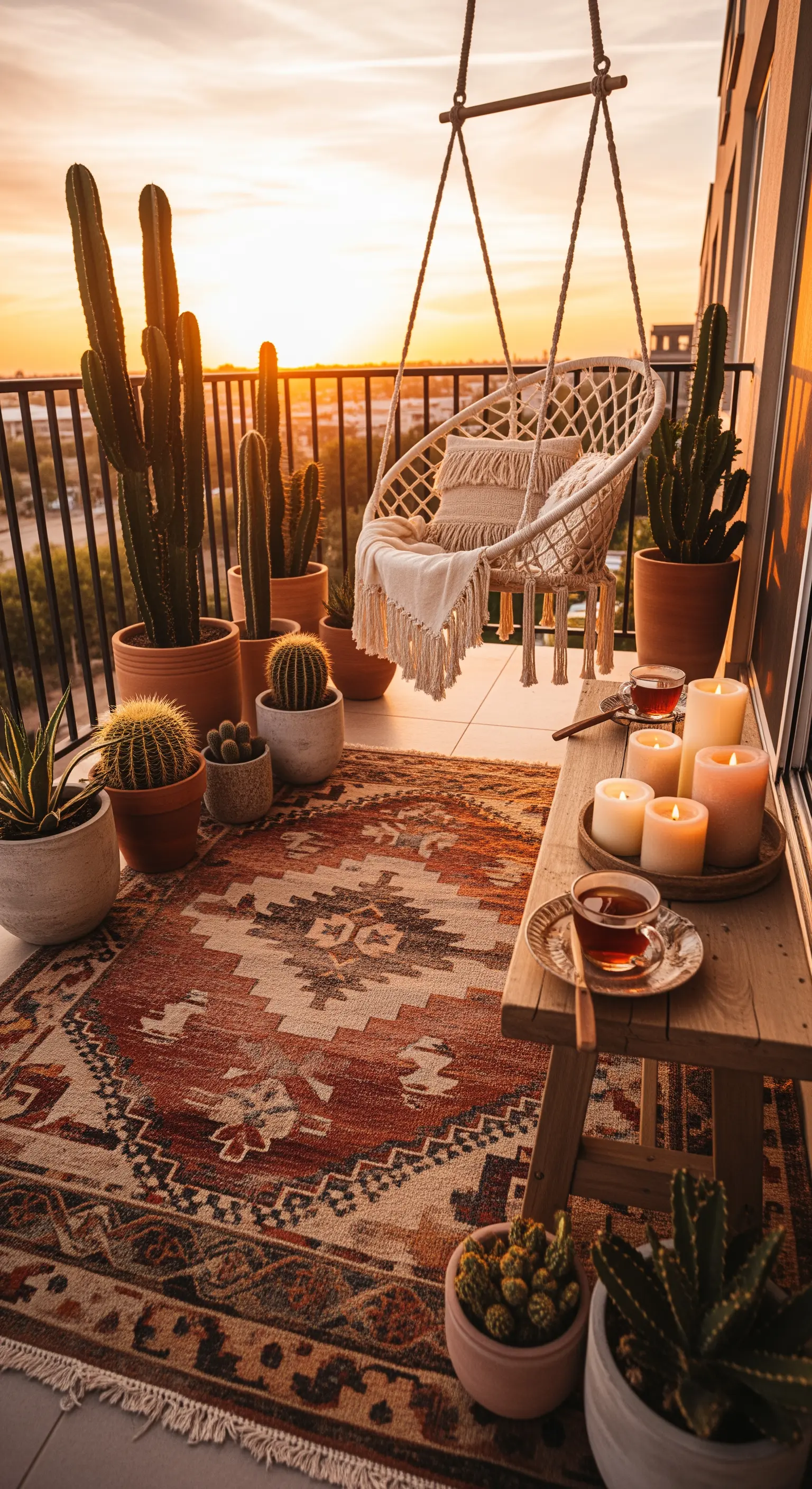 Boho-Balkon mit Hängesessel, Kakteen und Kerzen im Sonnenuntergang