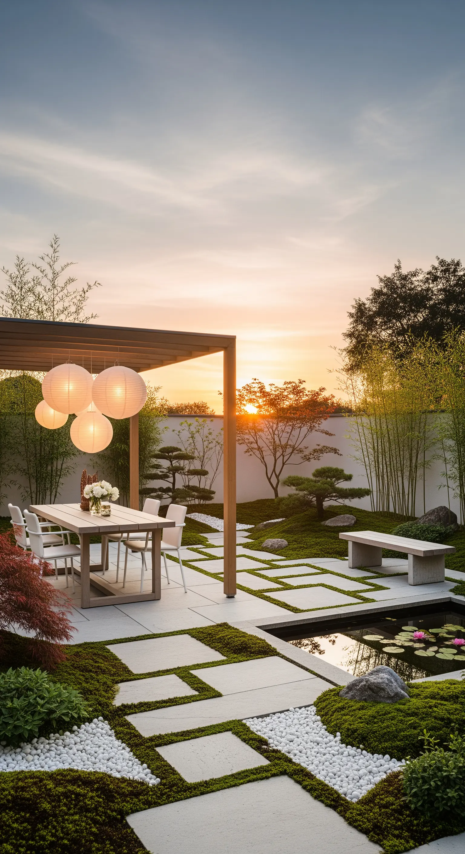 Japandi Garten, Pergola, Papierlaternen, Teich, Sonnenuntergang