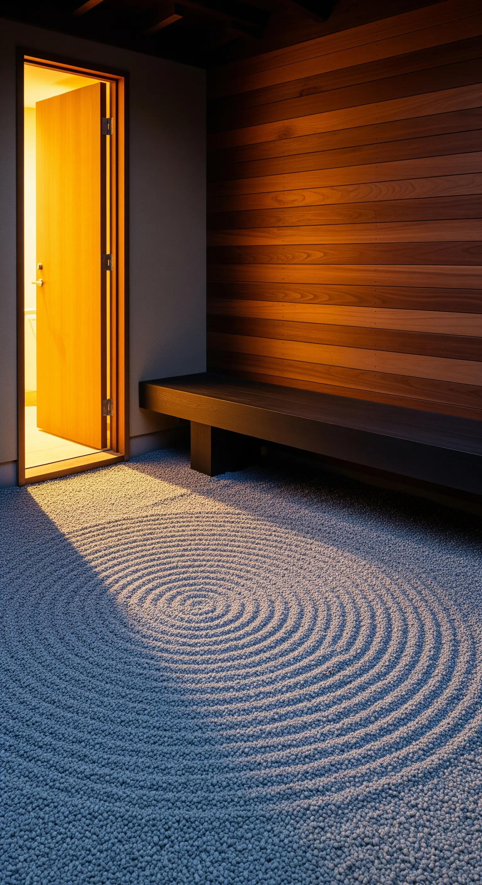 Abendsonne auf geraktem Kies und Holzverkleidung