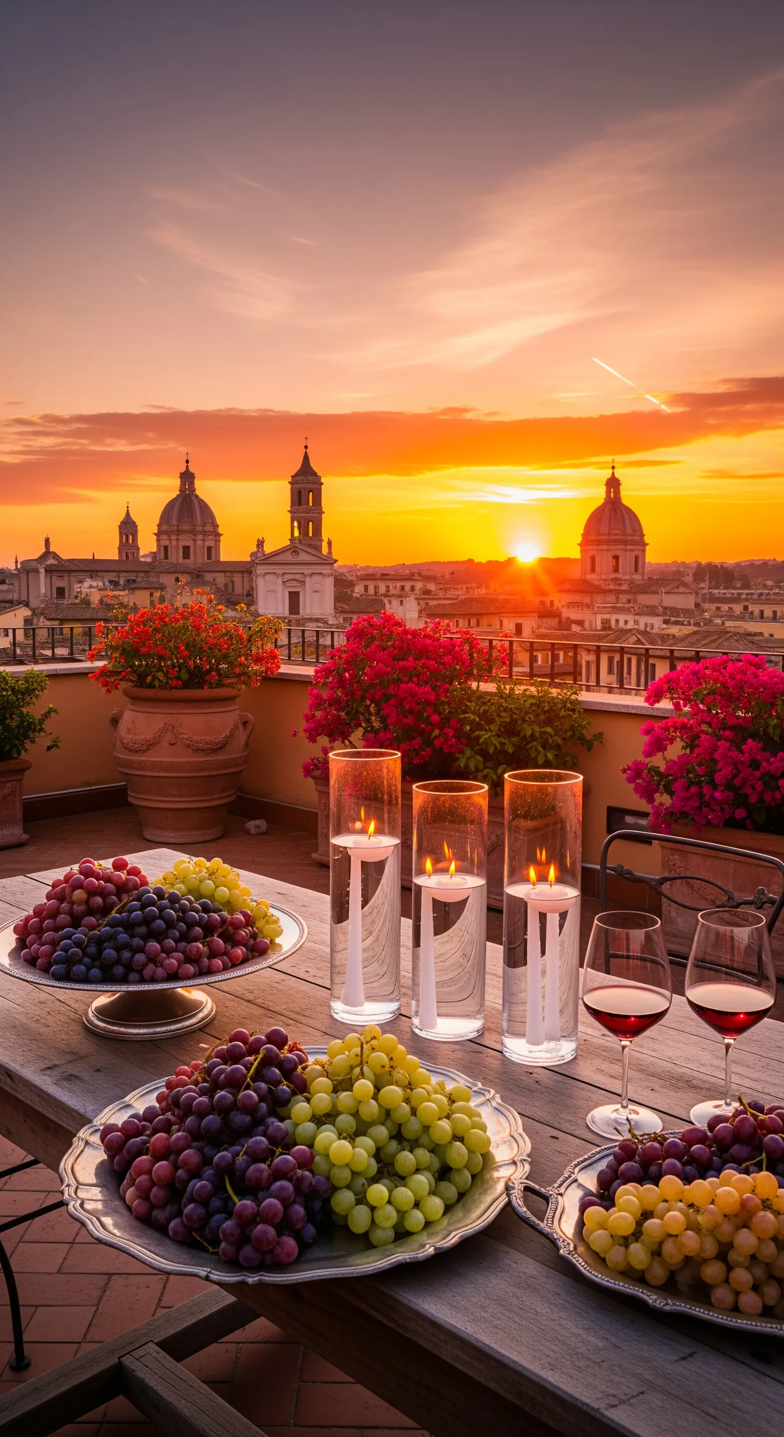 Dachterrassentisch mit Trauben auf Silberplatten, hohen Windlichtern und Kerzen bei Sonnenuntergang
