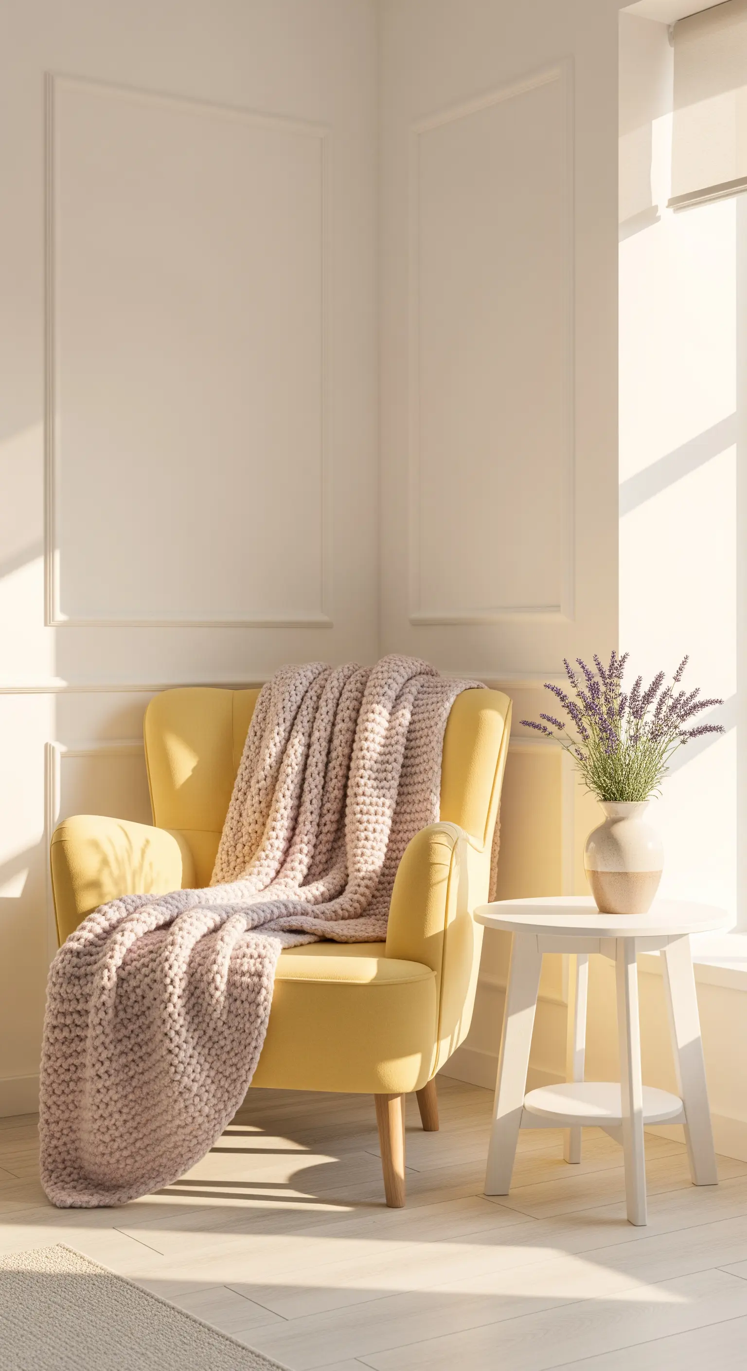 Gelber Sessel mit rosa Decke, weißer Beistelltisch, Lavendel, Stuckwand