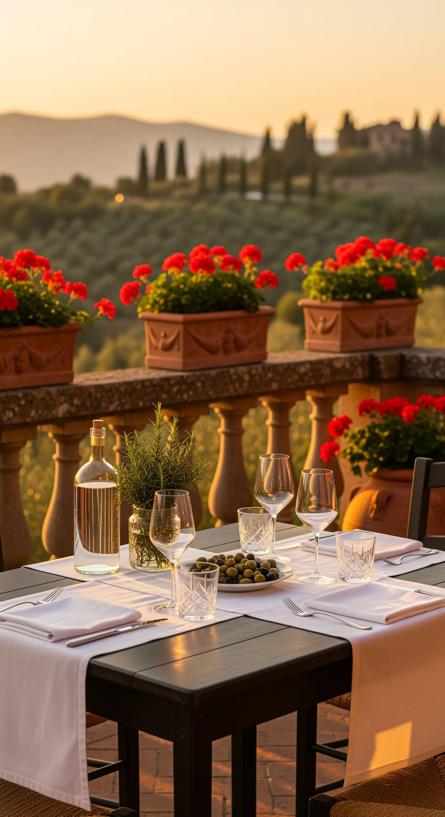 Mediterraner Balkon mit Geranien und schlichtem Abendessen