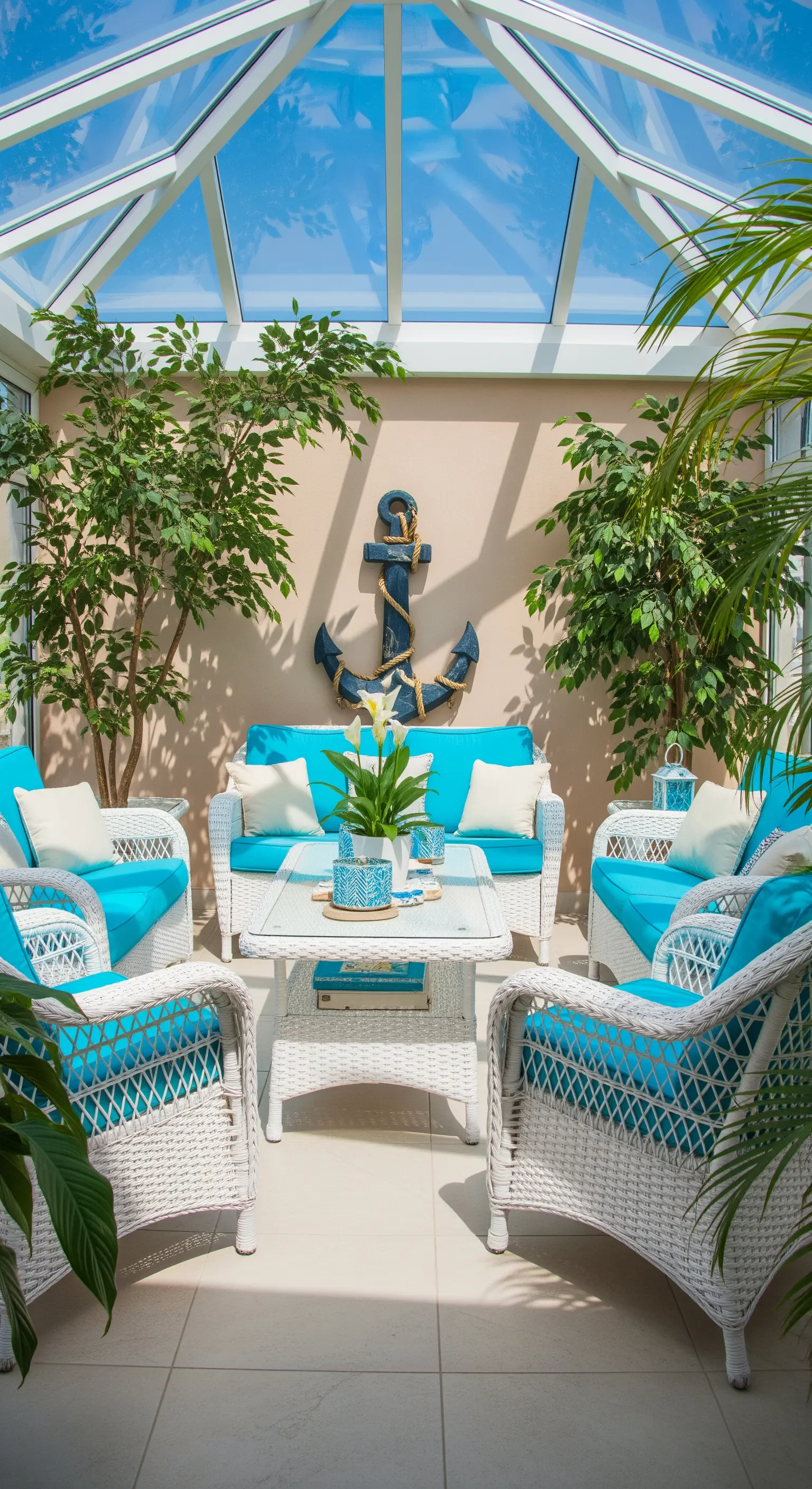 Wintergarten mit weißen Rattanmöbeln, türkisen Kissen, Grünpflanzen und Deko-Anker