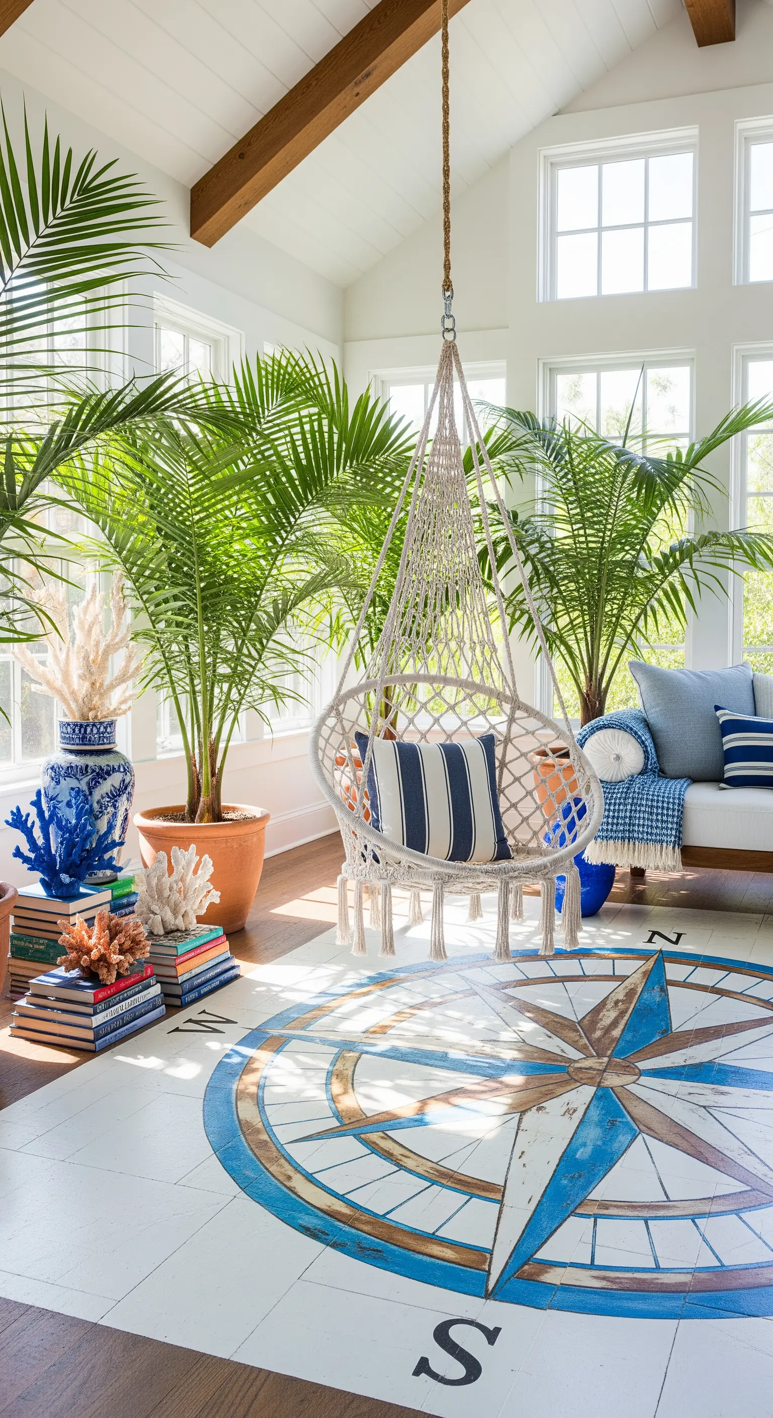 Sonnenzimmer mit Kompassrosen-Boden, Hängesessel und tropischen Pflanzen