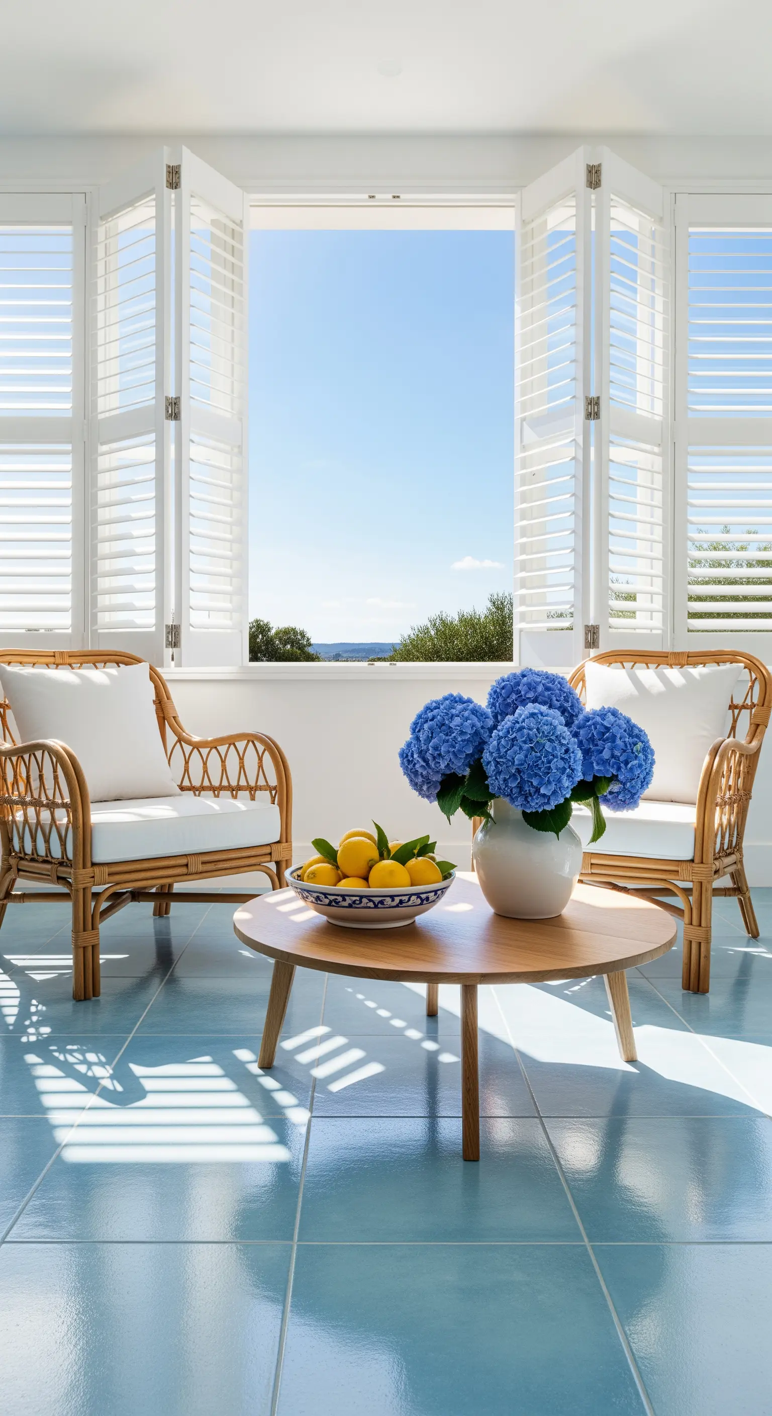 Sonnenzimmer mit blauen Fliesen, Rattan-Stühlen, Hortensien und Zitronen.