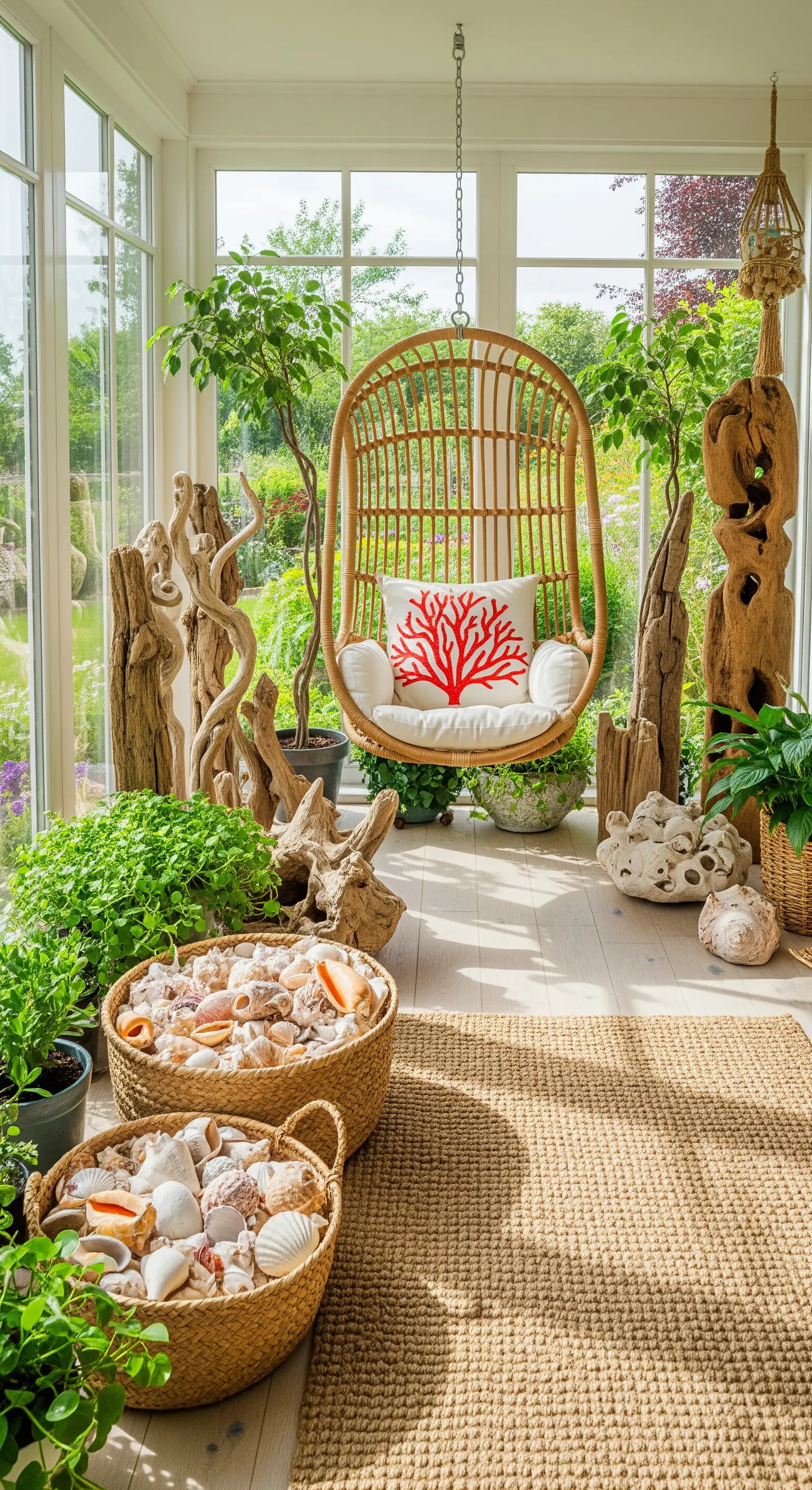 Sonnenzimmer mit Rattanschaukel, großen Treibholzskulpturen und Muschelkörben