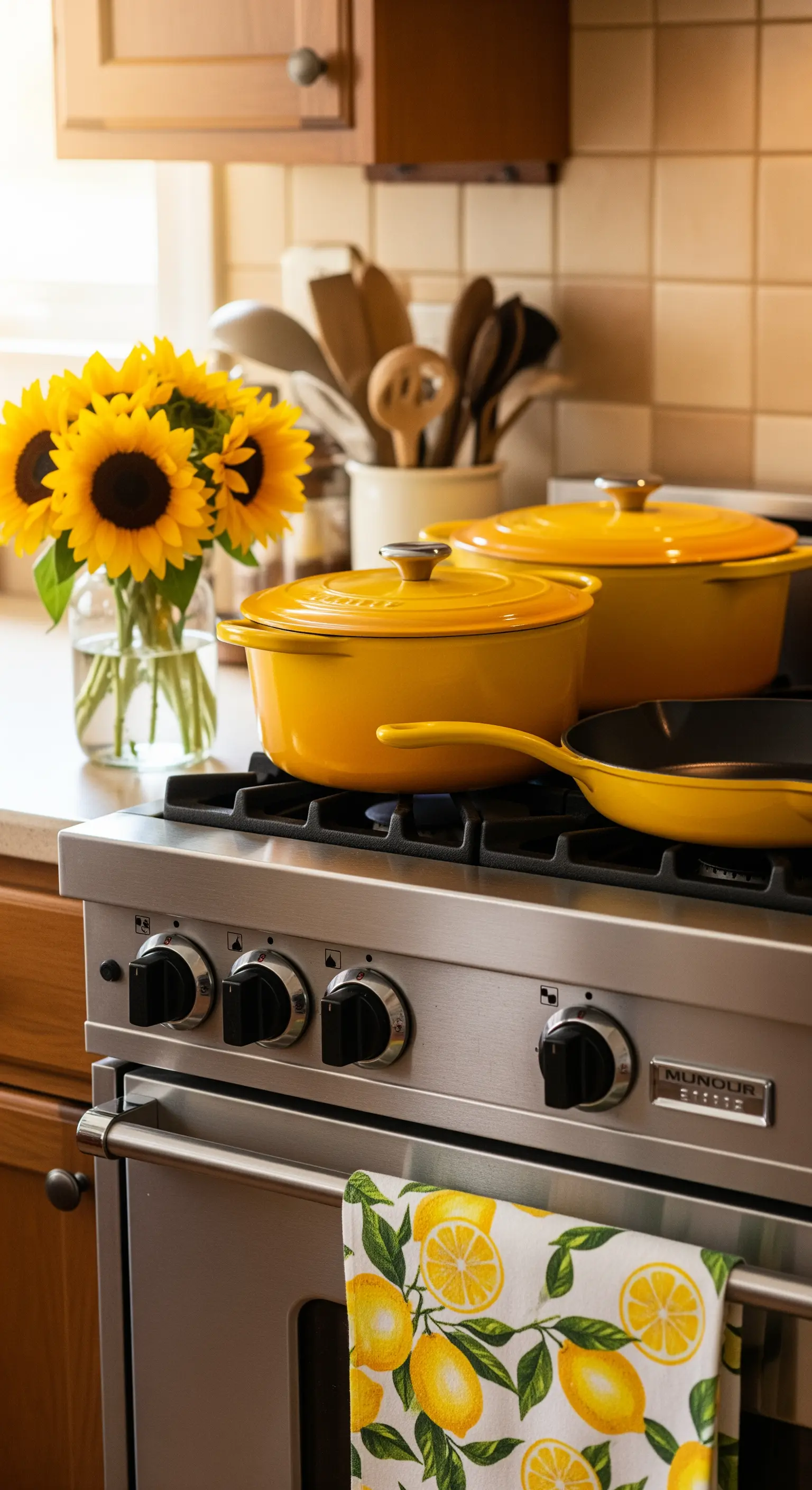 Gelbes Kochgeschirr und Sonnenblumen am Herd