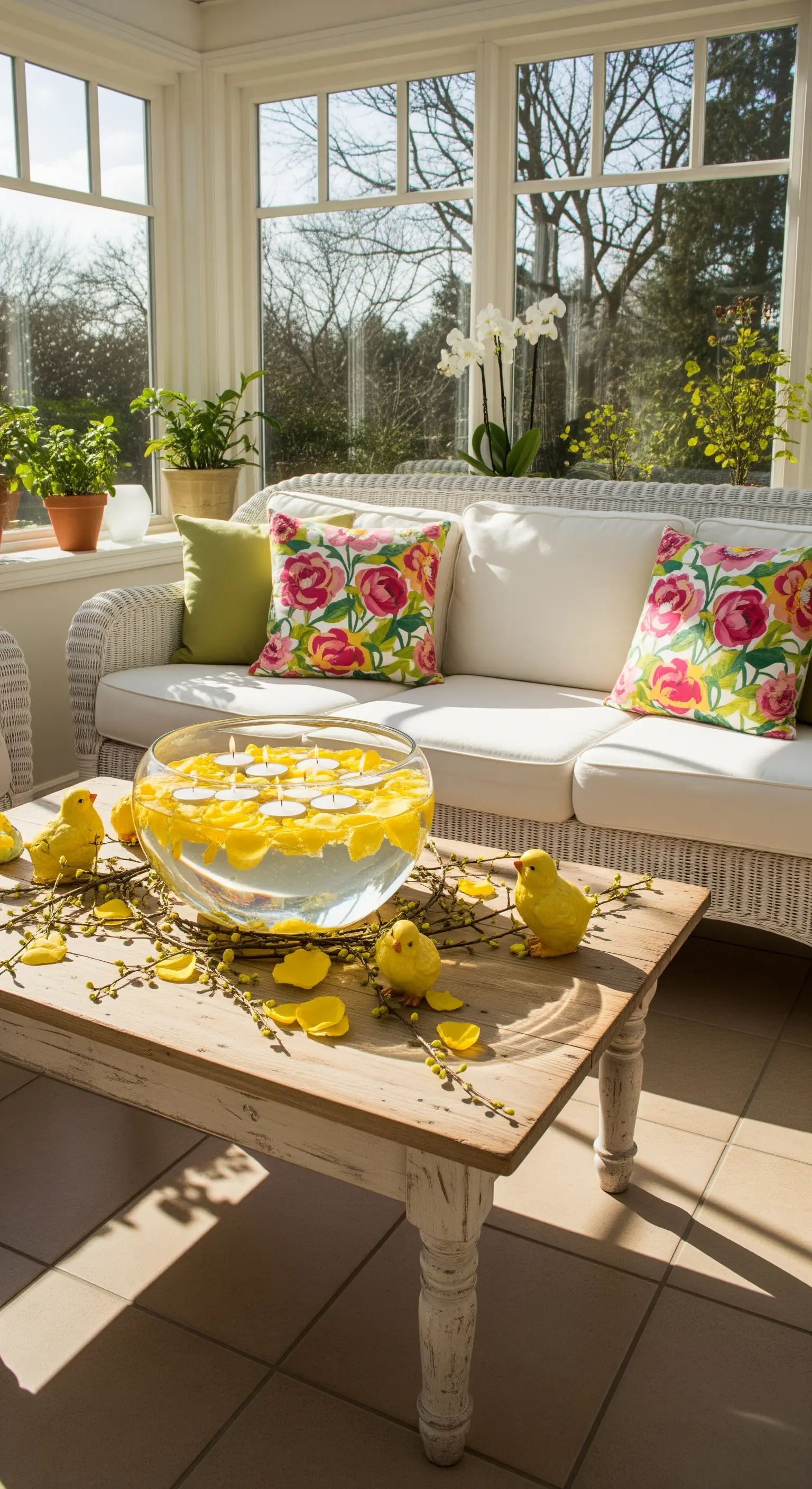Kaffeetisch mit schwimmenden Kerzen in Glasschale, gelben Blütenblättern, Weidenkätzchen und Küken.