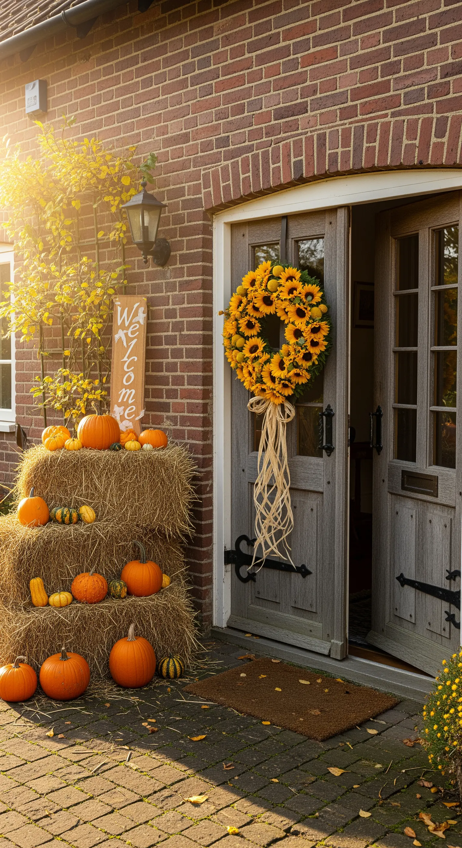 Sonnenblumenkranz an grauer Doppeltür, Heuballen mit Kürbissen und Welcome-Schild