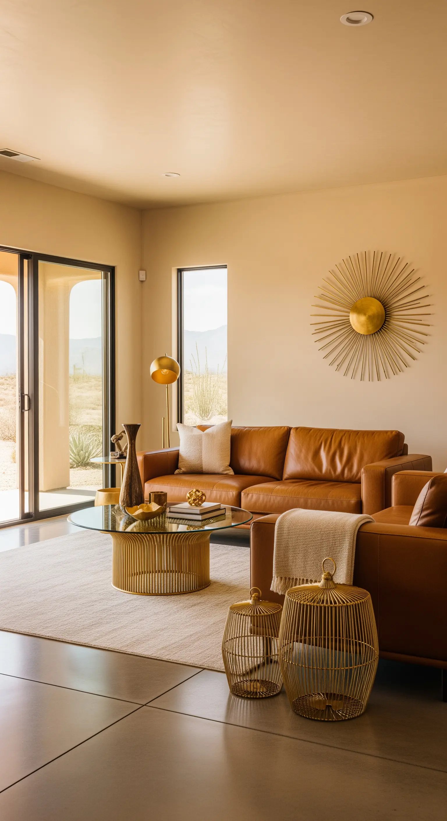 Boho-Wohnzimmer mit Ledersofa, einem goldenen Sonnen-Spiegel und filigranen Gold-Beistelltischen.