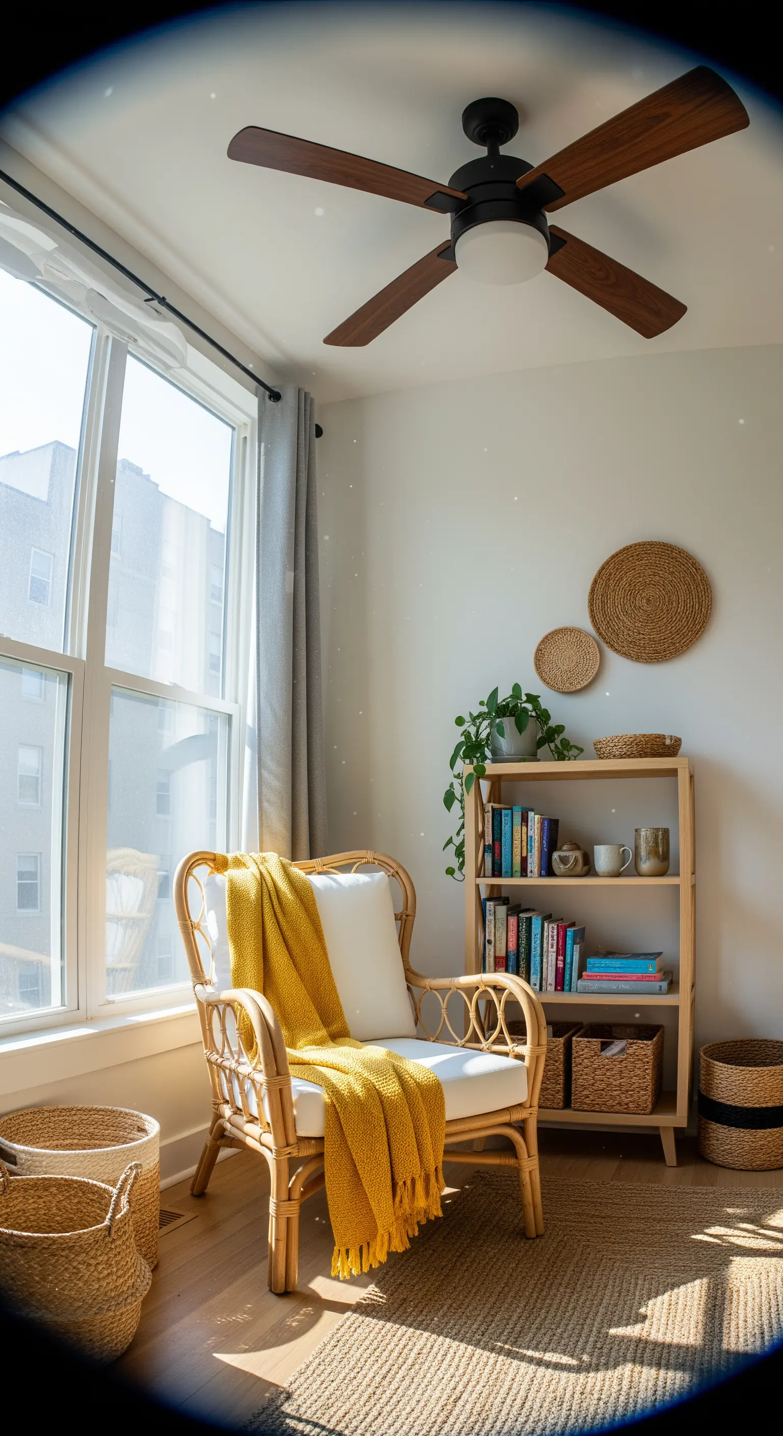 Leseecke mit Rattansessel, gelber Decke, Holzregal und geflochtenen Körben.