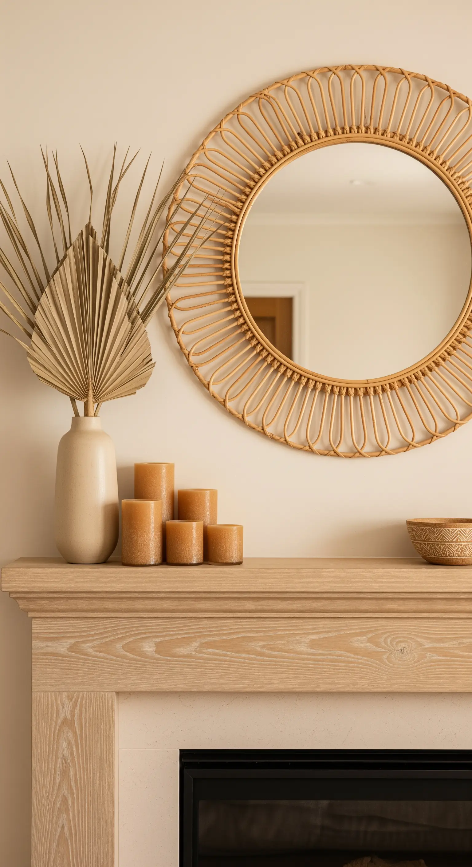 Kamin Deko im Boho-Stil mit Rattan-Spiegel, Trockenblumen und beigen Kerzen.