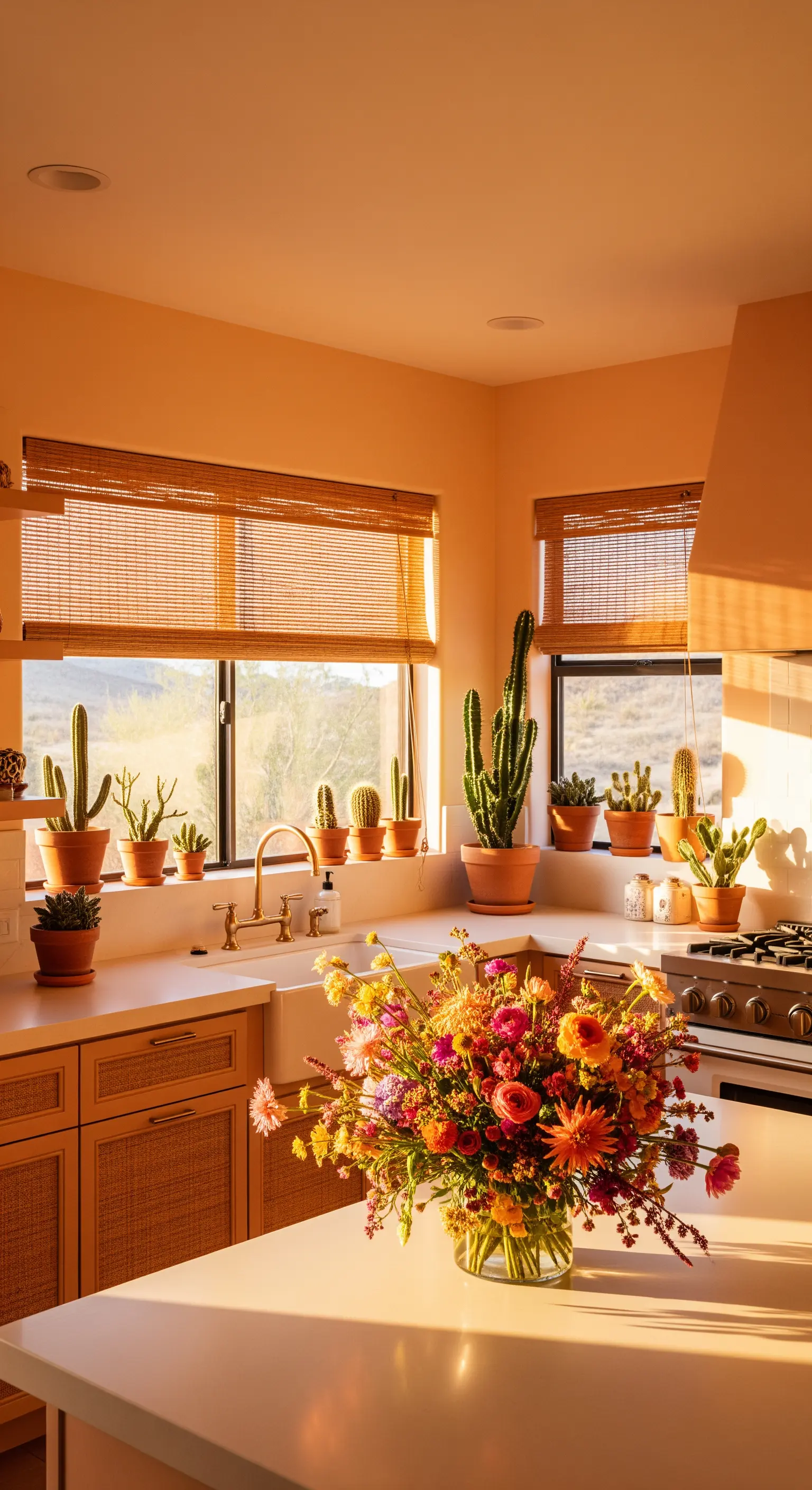 Kakteen auf Fensterbank, bunter Blumenstrauß und Bambusrollos