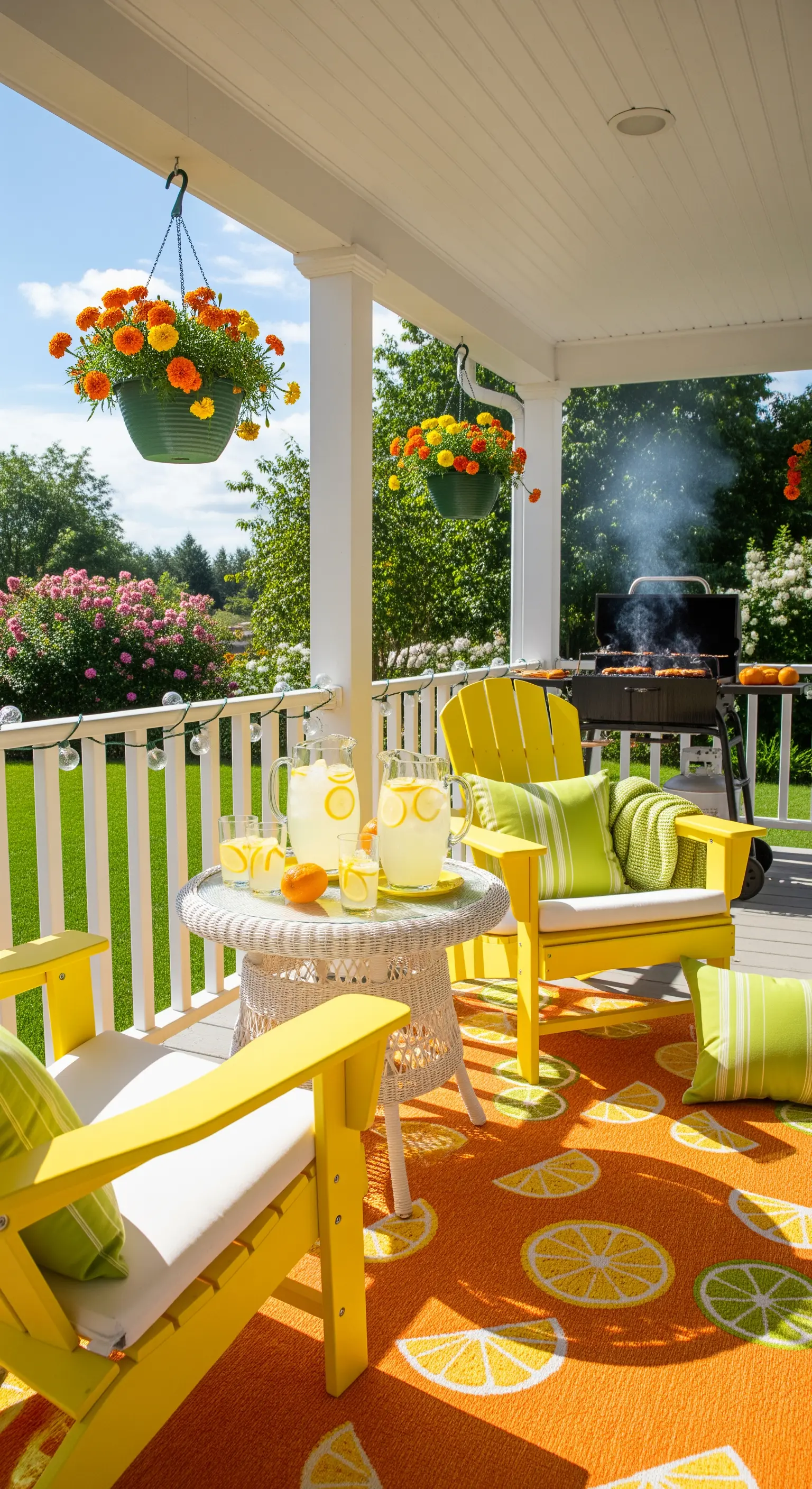 Sonnige Veranda mit gelben Adirondack-Stühlen, Zitronen-Teppich und hängenden Blumen