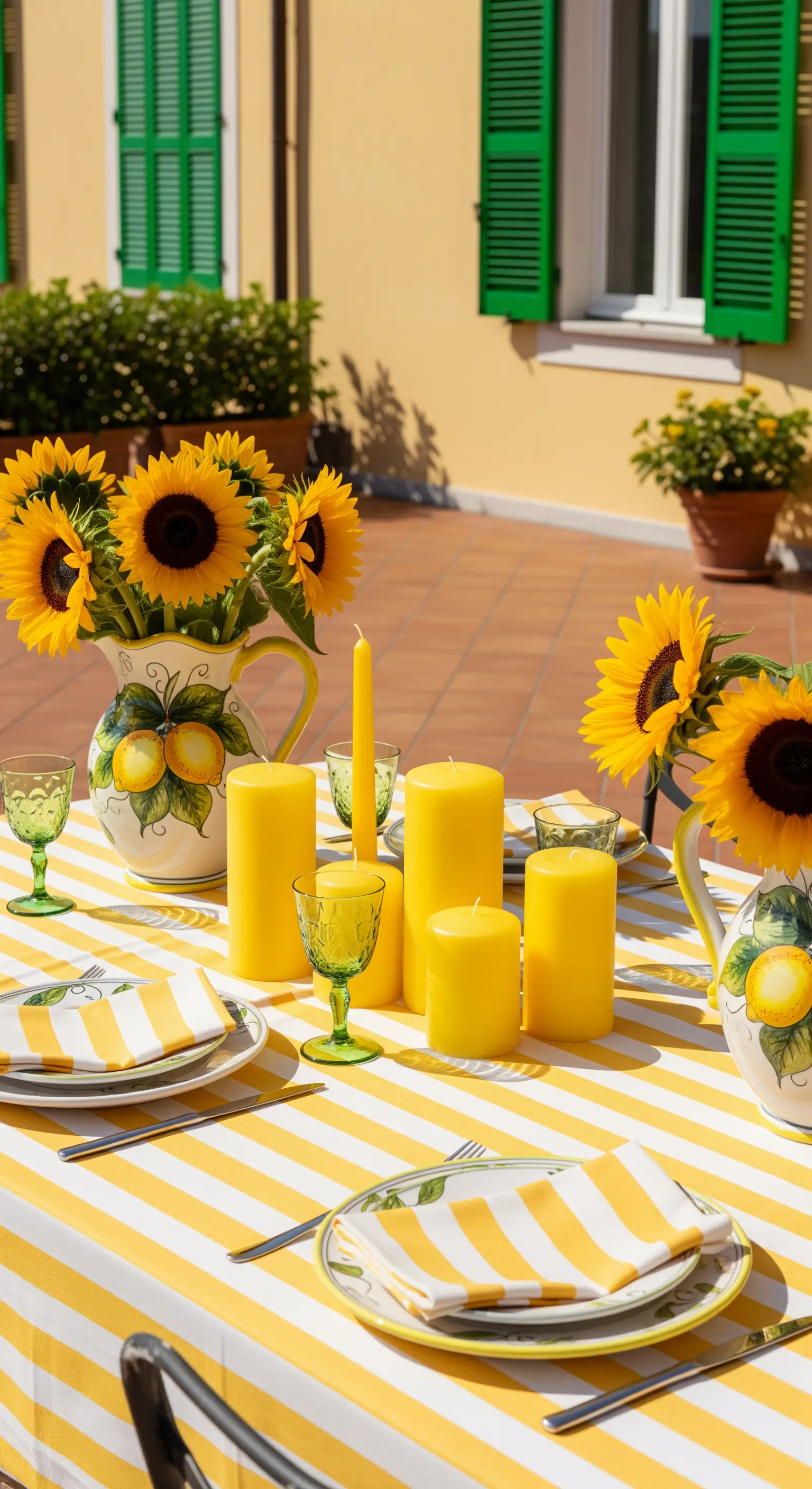 Gelb-weiß gestreifter Tisch mit Sonnenblumen, gelben Kerzen und Zitronengeschirr auf Terrasse.