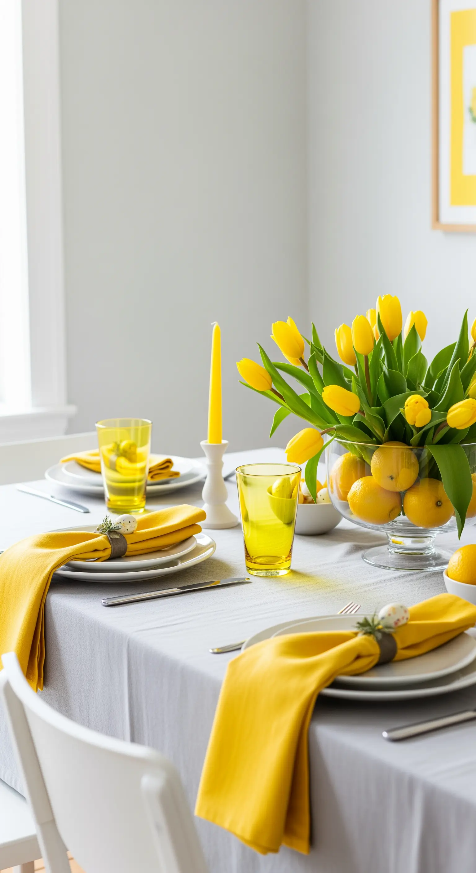 Ostertafel in Grau und Gelb mit einem Centerpiece aus Zitronen und gelben Tulpen.