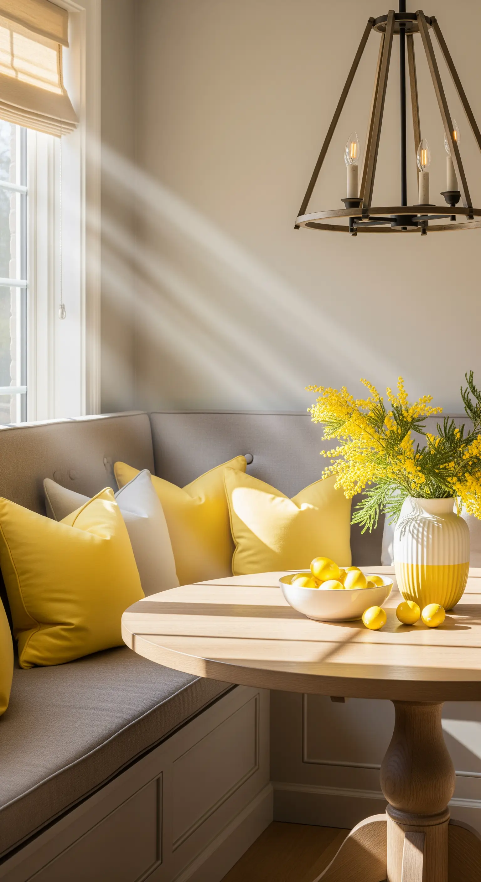 Frühstücksecke mit gelben Kissen, Mimosen und Zitronen.