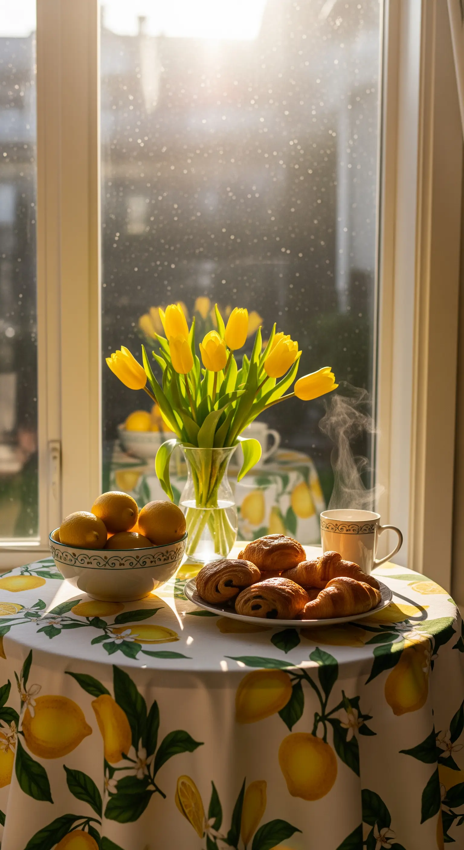 Frühstückstisch am Fenster mit Zitronen-Tischdecke, gelben Tulpen und frischen Zitronen