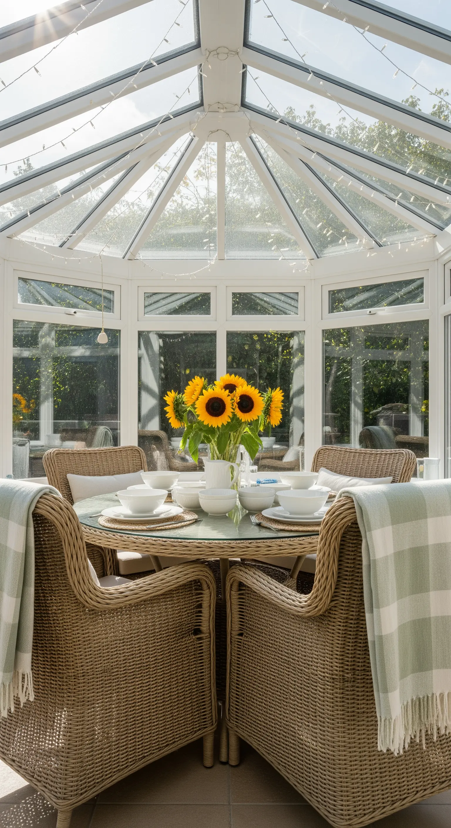 Wintergarten-Tafel, Rattan-Stühle, Sonnenblumen, grüne Plaids, Lichterketten an der Decke.