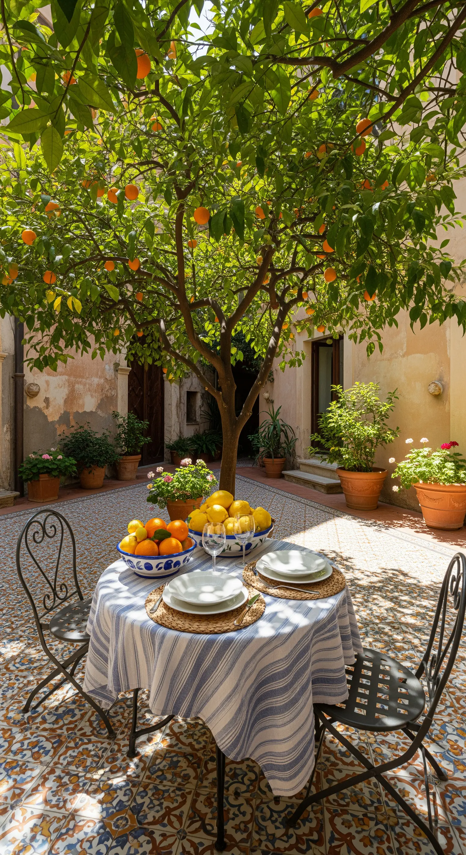 Italienischer Innenhof mit Orangenbäumen und blau-weißer Tischdeko