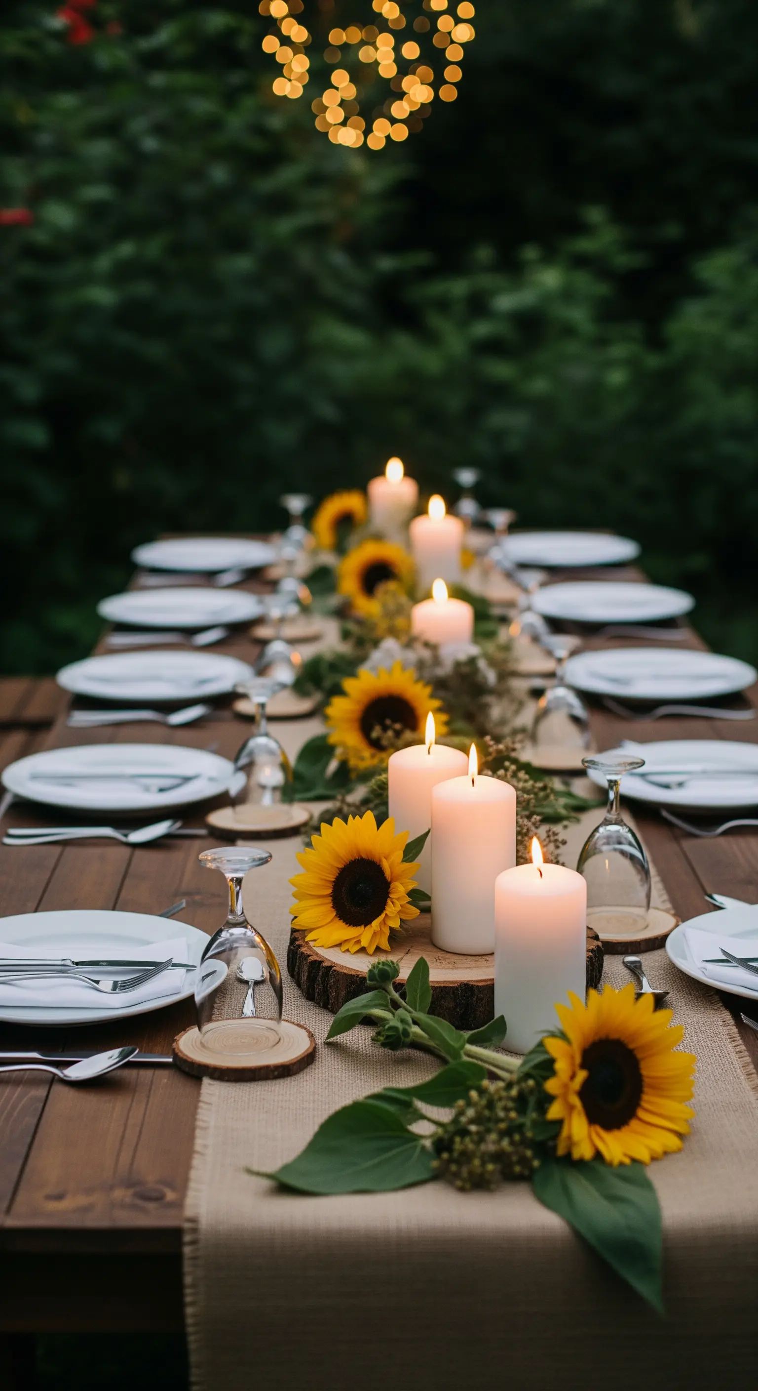 Holztisch mit Jute-Läufer, Sonnenblumen und weißen Stumpenkerzen auf Holzscheiben.