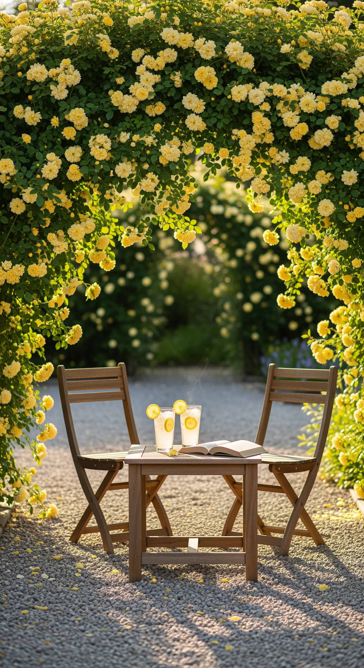 Holz-Bistro-Set unter gelbem Rosenbogen mit Limonade und Buch auf Kiesweg