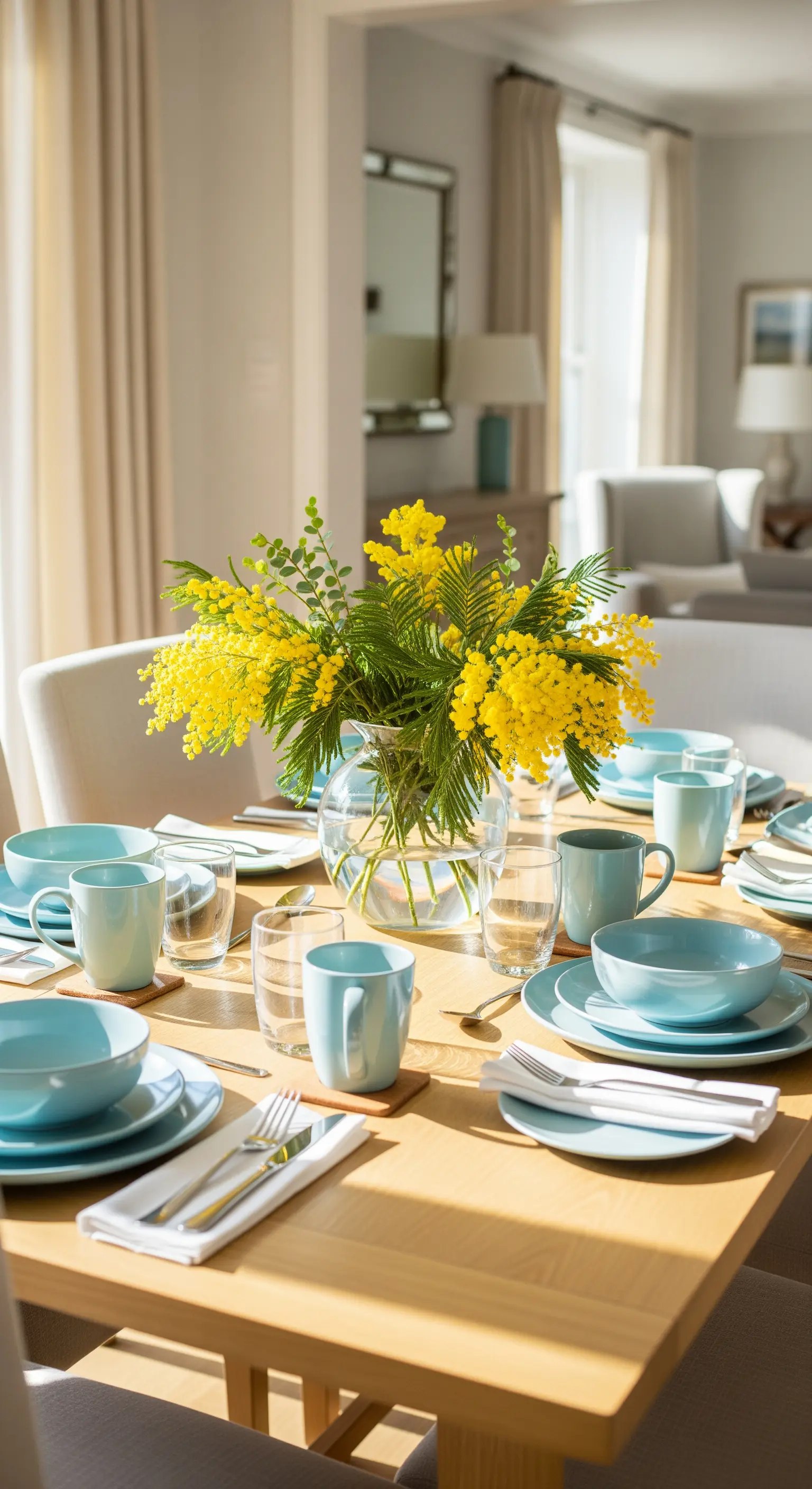 Esstisch mit Mimosen-Strauß, blau-weißem Geschirr, Sonnenlicht