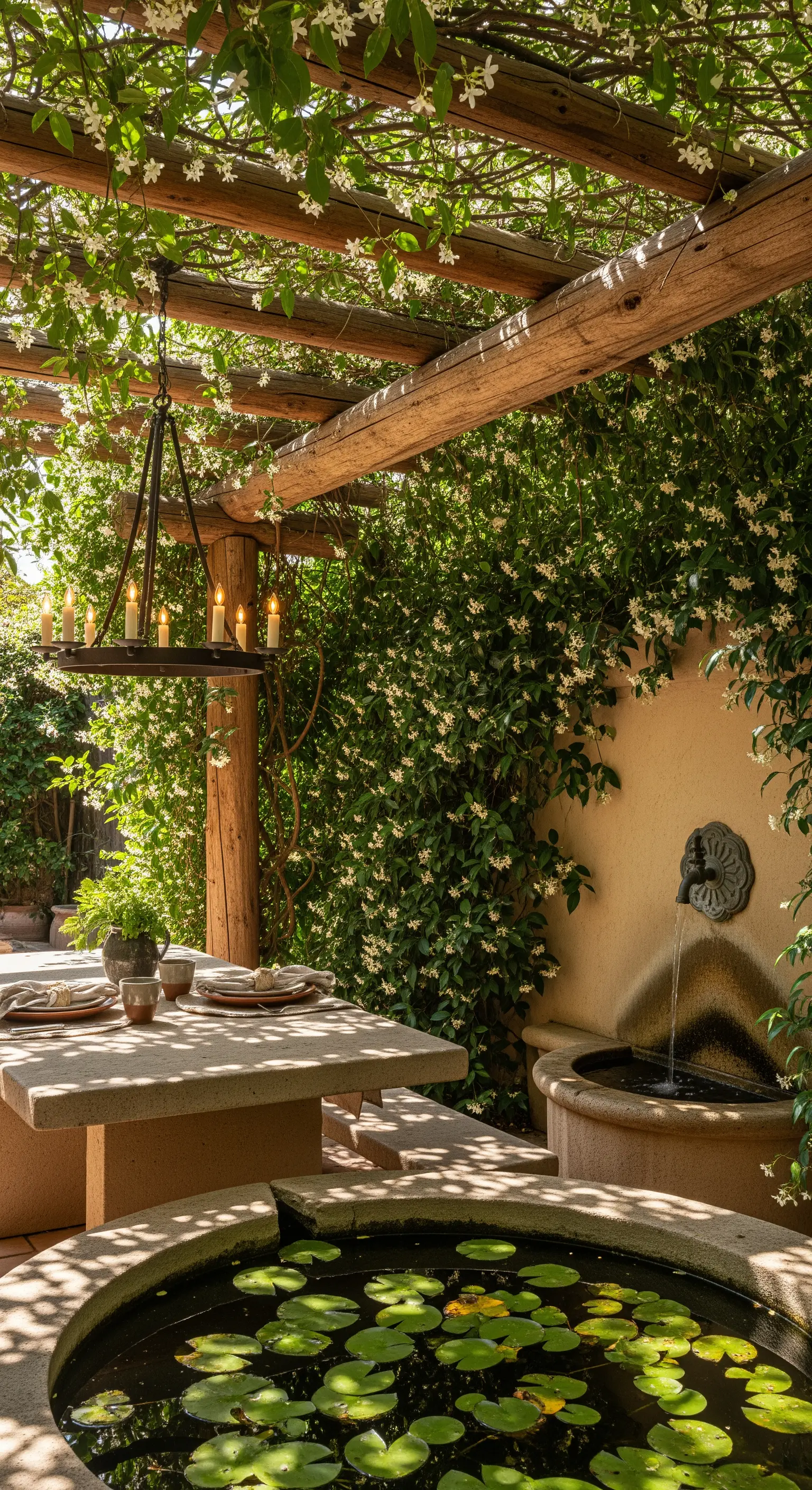 Pergola mit Jasminranken, Steintisch, Wandbrunnen und Seerosenbecken