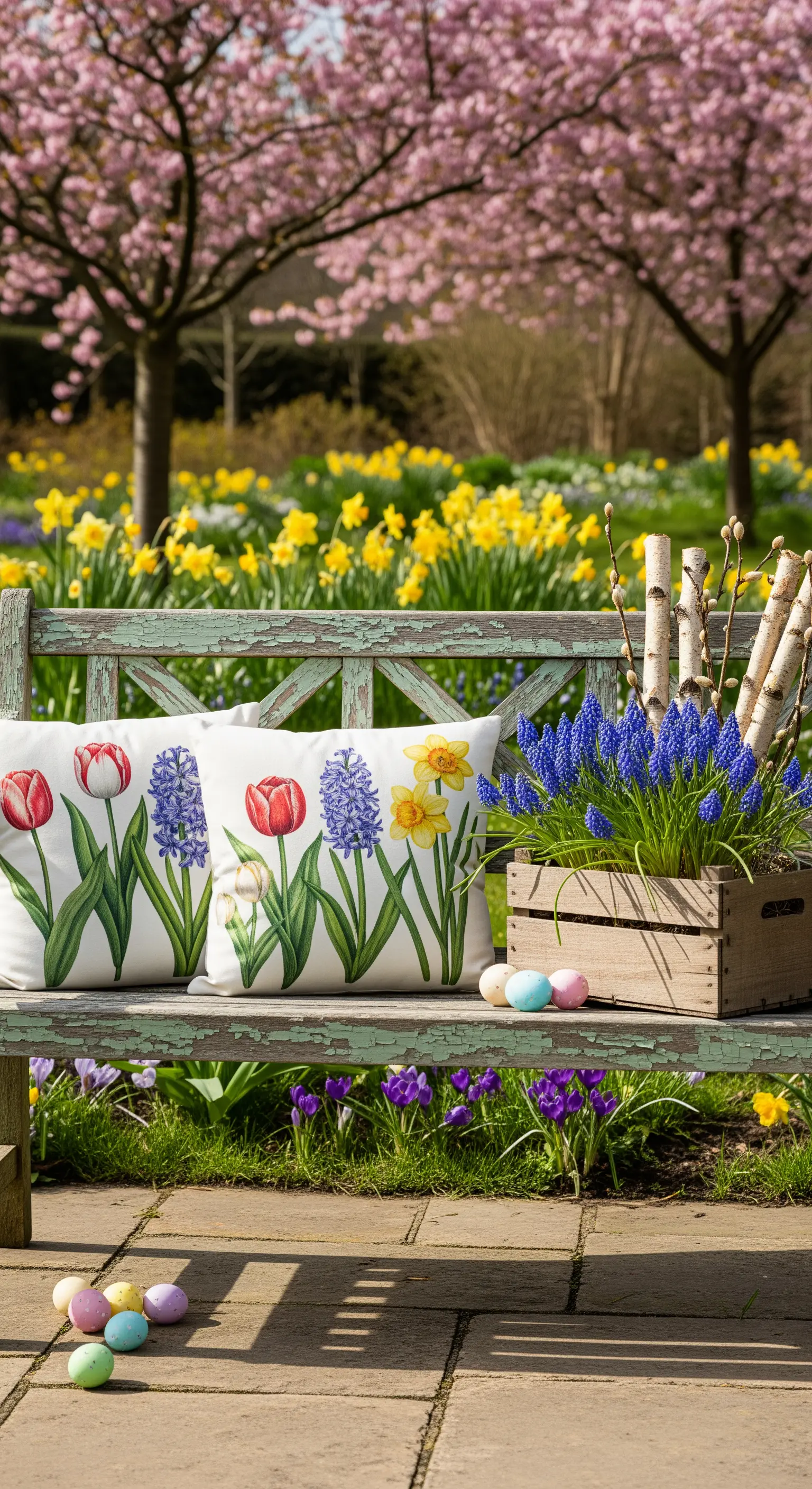 Gartenbank mit Blumenkissen, Muscari und Birkenzweigen
