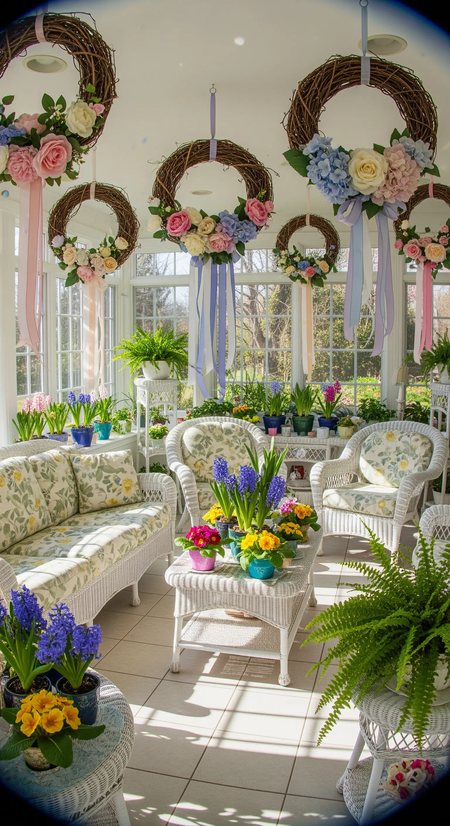 Wintergarten mit hängenden Blumenkränzen, Topfblumen und Korbmöbeln.