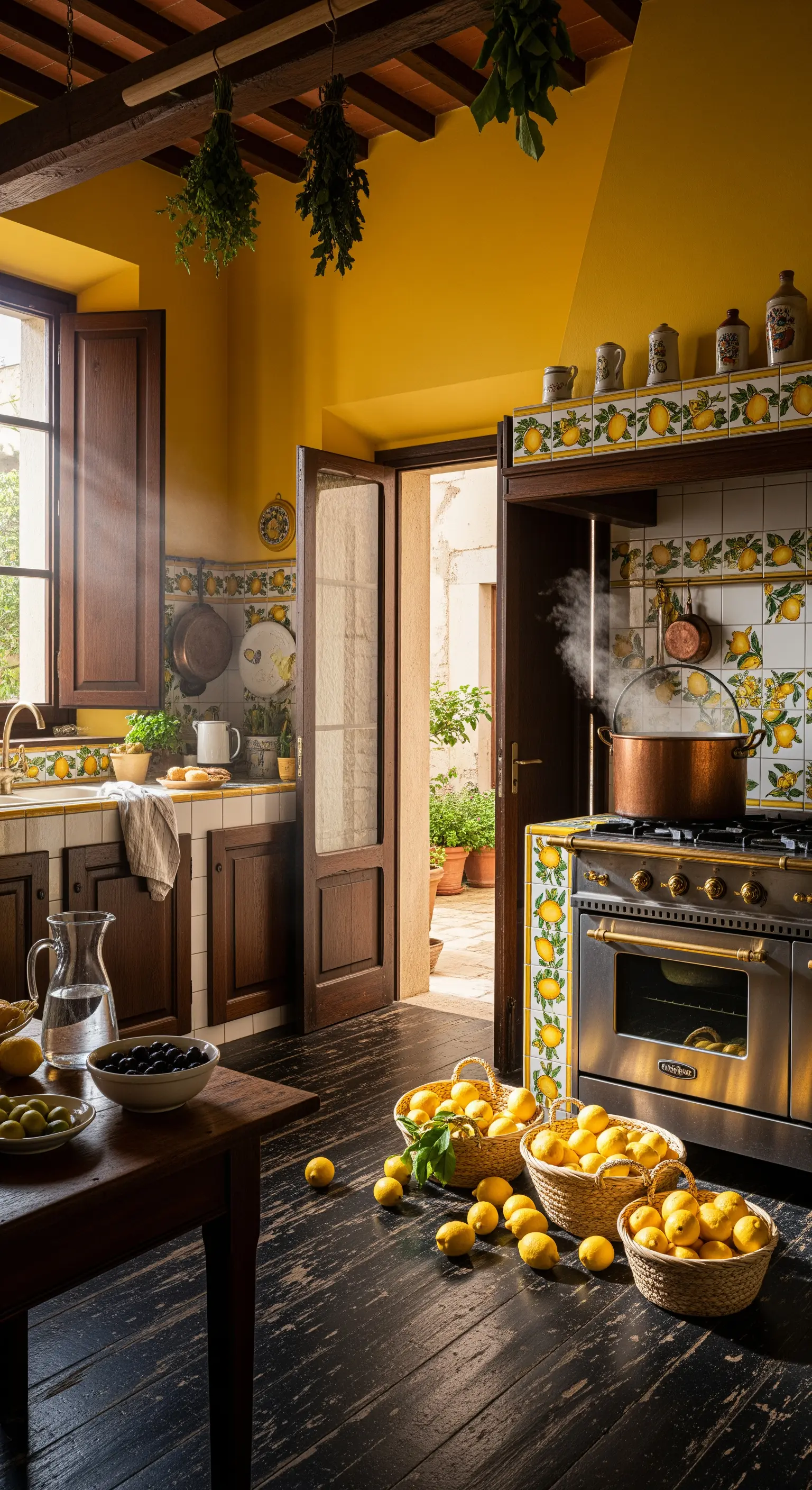 Rustikale Küche mit gelben Wänden, dunklem Holz und Zitronen