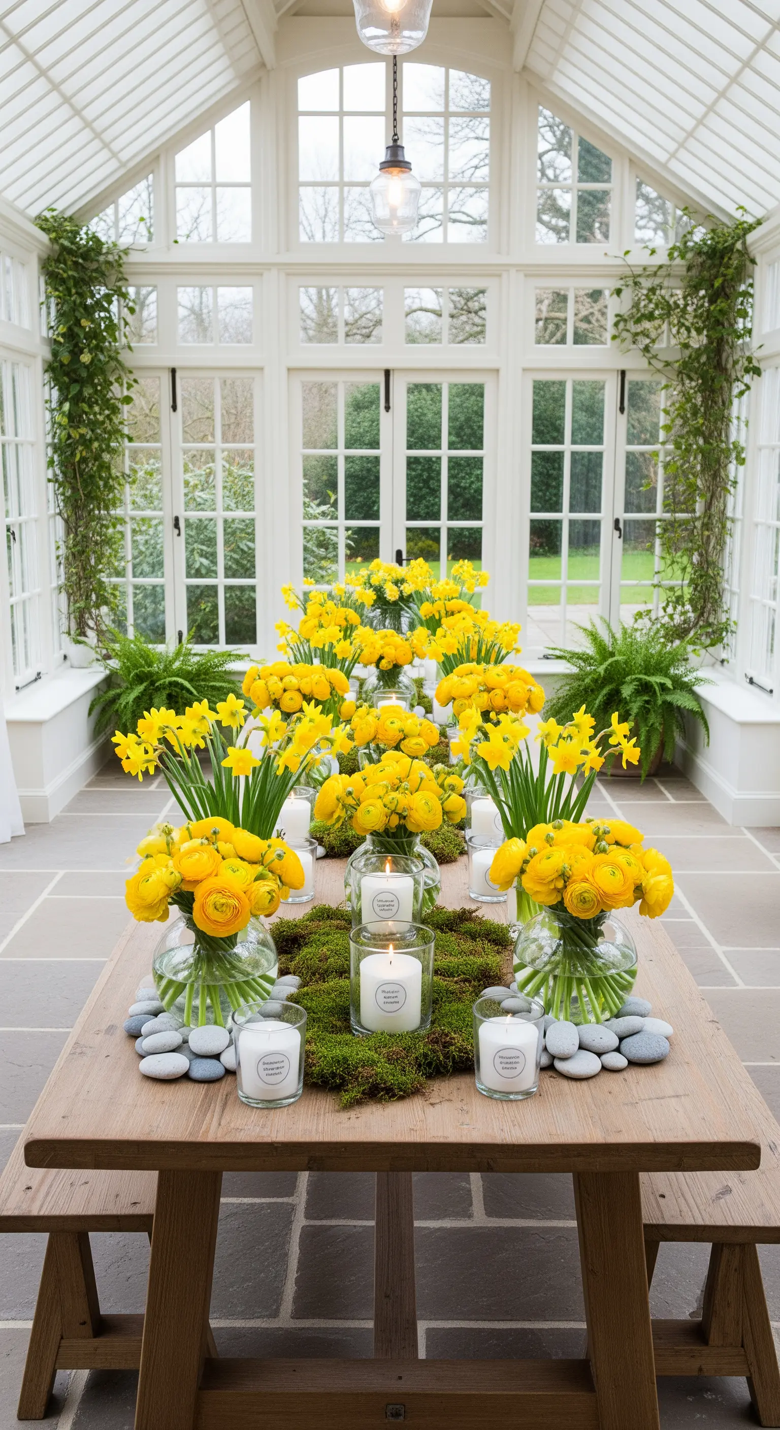 Gelbe Ranunkeln und Narzissen mit Kerzen und Moos auf rustikalem Holztisch